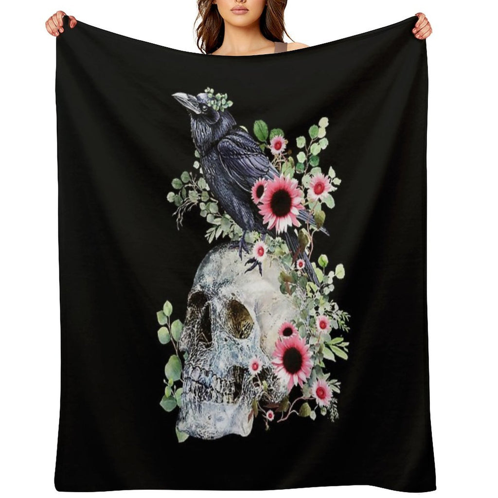 Black Raven with Skull And Leaves Crow, Skeleton Leaves Eucaliptus And Pink Sunflowers Machine-washable Throw Blanket