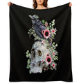 Black Raven with Skull And Leaves Crow, Skeleton Leaves Eucaliptus And Pink Sunflowers Machine-washable Throw Blanket