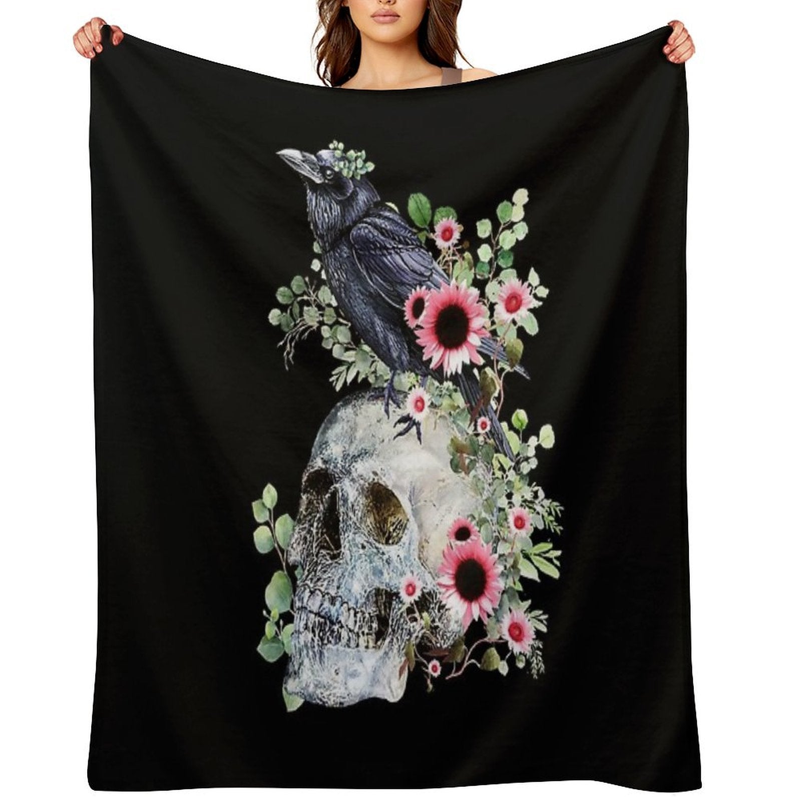Black Raven with Skull And Leaves Crow, Skeleton Leaves Eucaliptus And Pink Sunflowers Machine-washable Throw Blanket