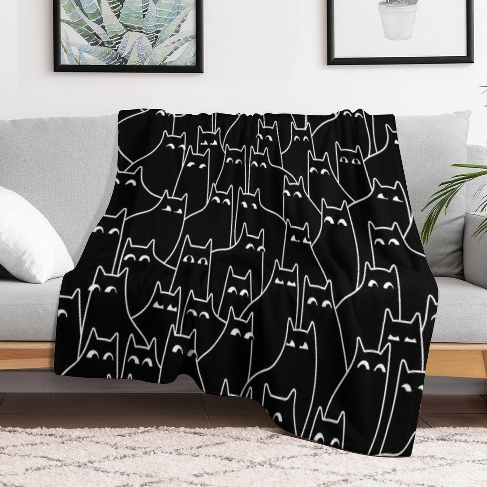 Suspicious Cats (Minimal White Linework Version) Versatility Throw Blanket