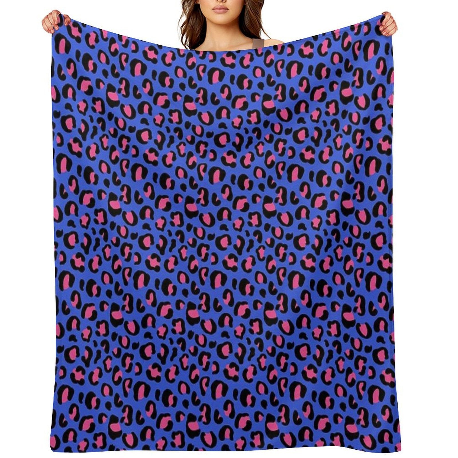 Leopard Print Pink on Blue Pattern Machine-washable Throw Blanket
