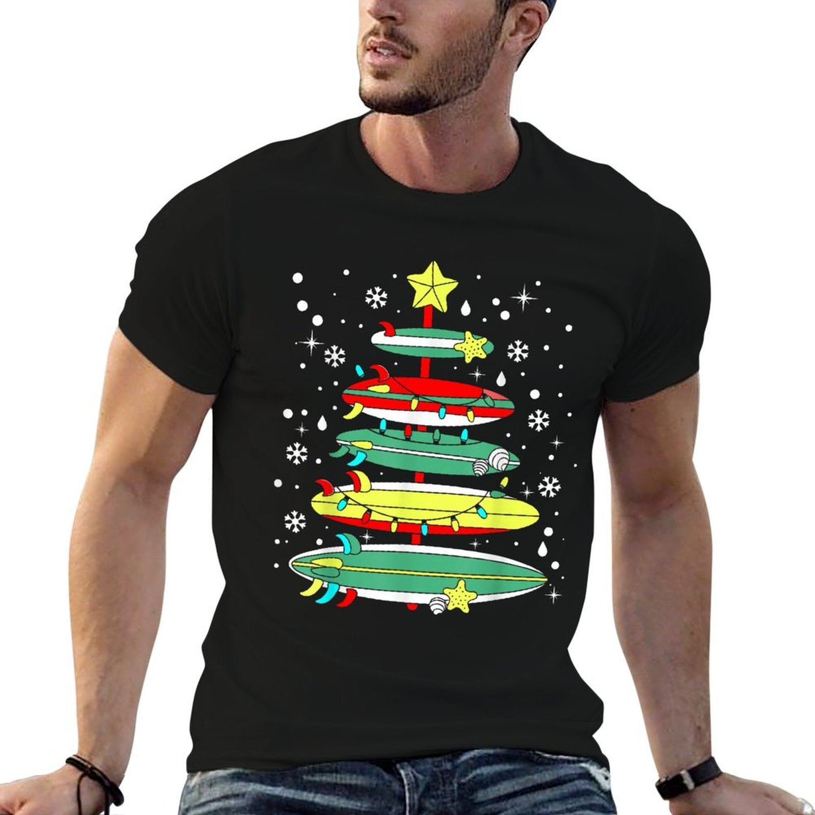 Surf Funny Surfboard Xmas Lights Surfing Christmas Tree  Easy-care T-Shirt