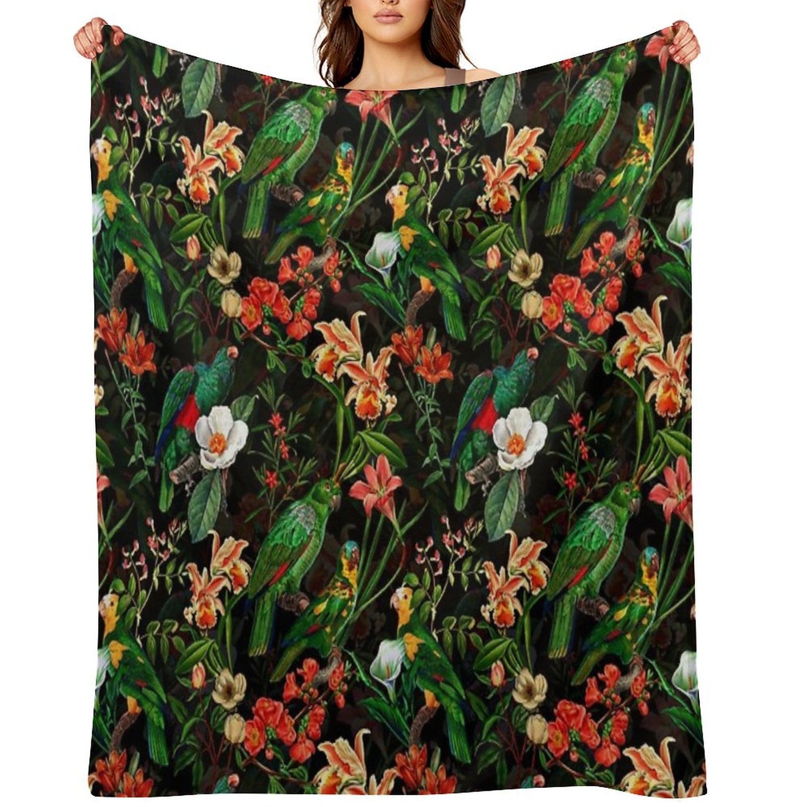 Pierre Joseph Redoute Tropical Vintage Jungle Flowers And Parrots Nostalgic Mystic Botanical Night Garden Pattern Nightgarden Anti-pilling Throw Blanket