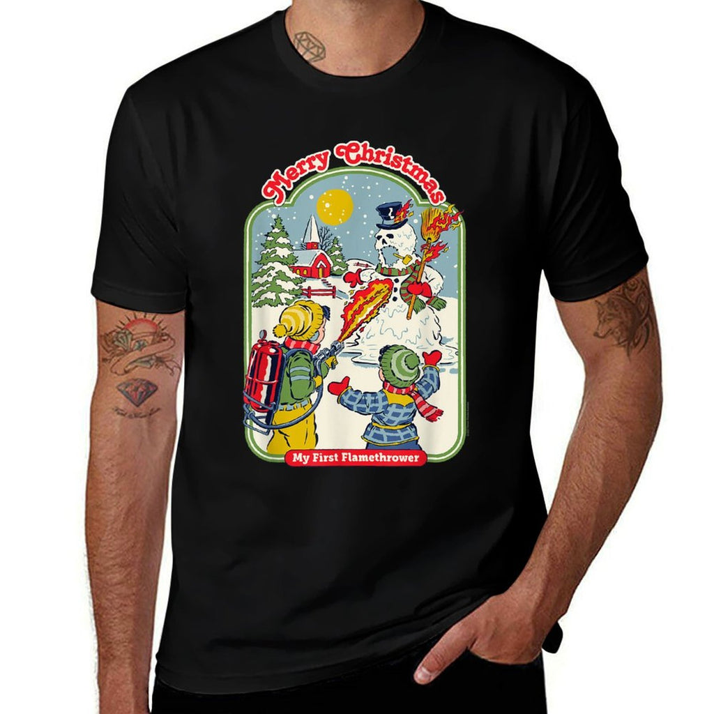 Steven Rhodes My First Flamethrower Snowman Retro Dark Humor  Moisture-wicking T-Shirt