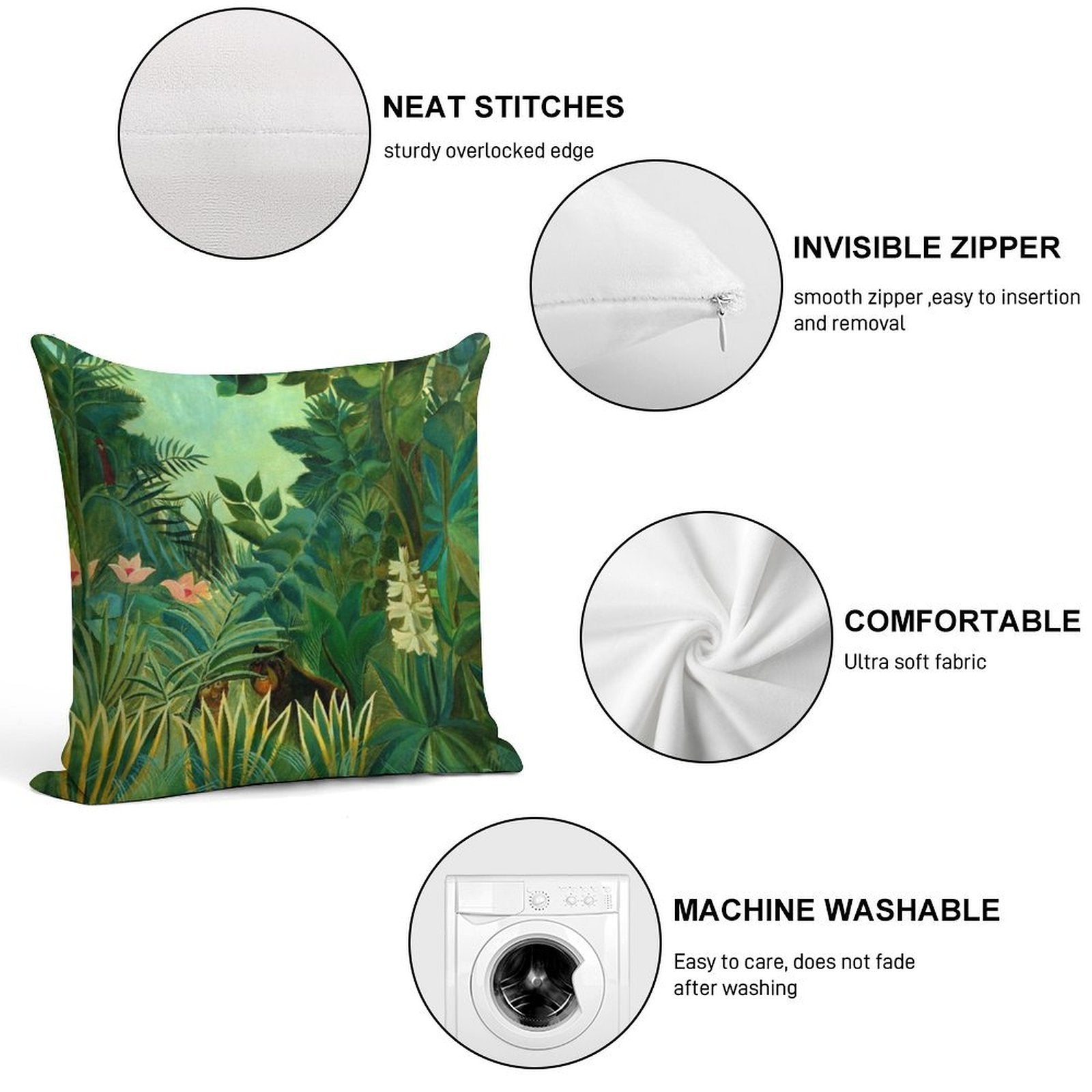 Henri Rousseau The Equatorial Jungle, 1909 Soft Hidden Zipper Throw Pillow