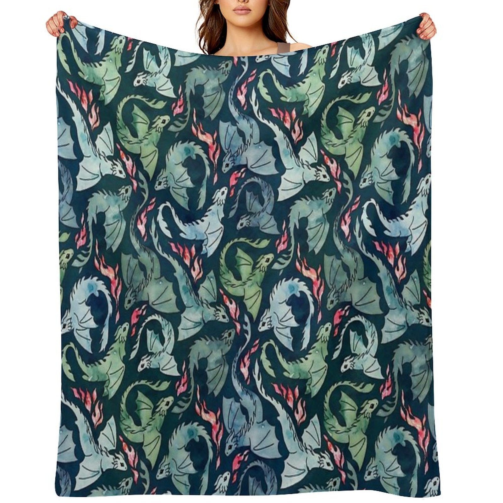 Dragon Fire Dark Blue & Green Travel-friendly Throw Blanket