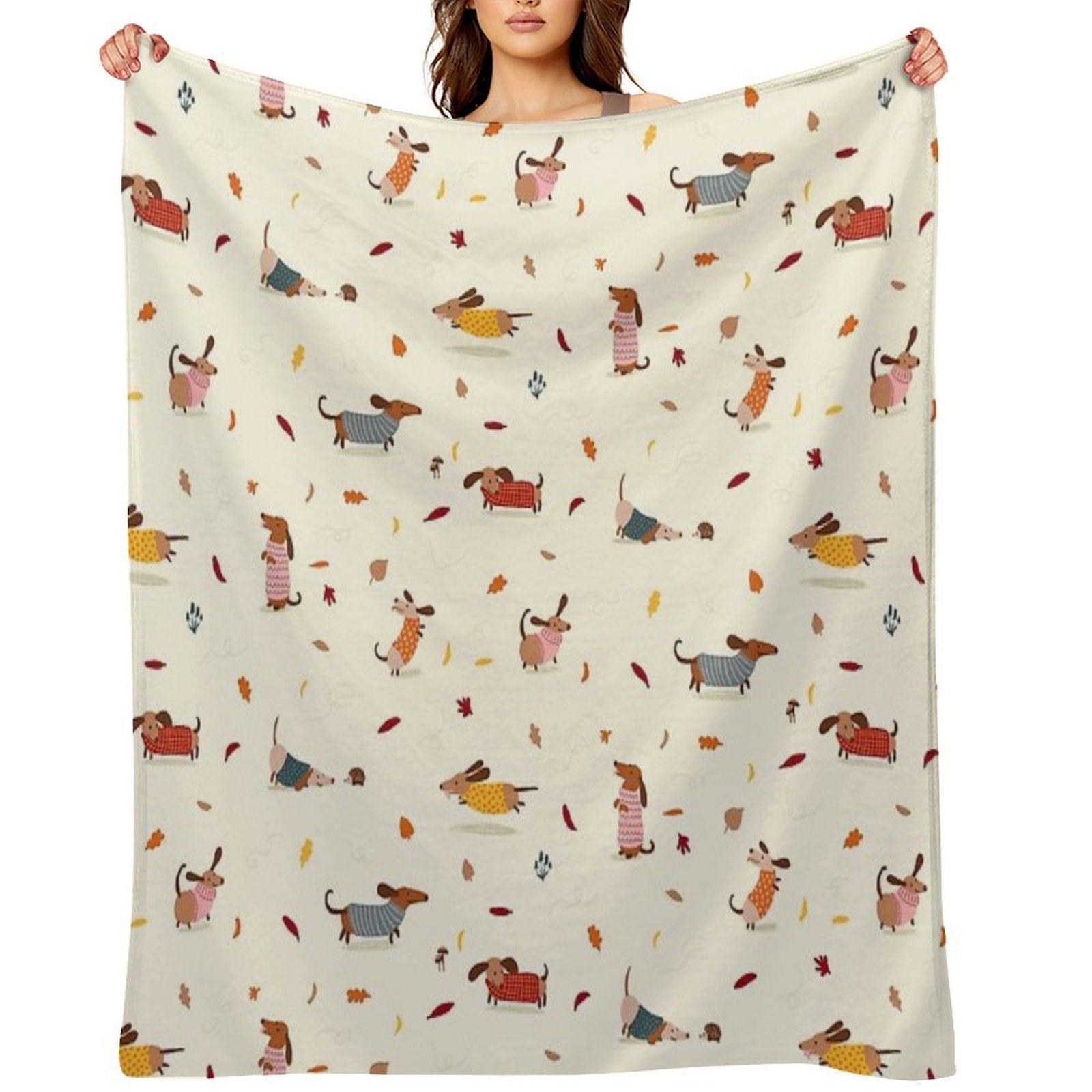 Cute Dachshunds in Winter Sweaters with Autumn Leaves Comfort Throw Blanket