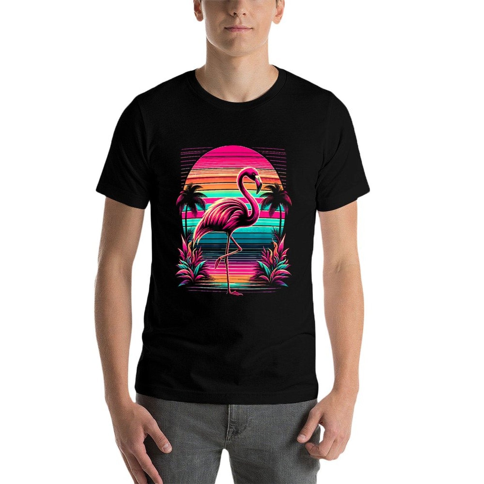 Pink Flamingo Beach Summer Vibes Tree Palm Tropical Summer  Easy-care T-Shirt