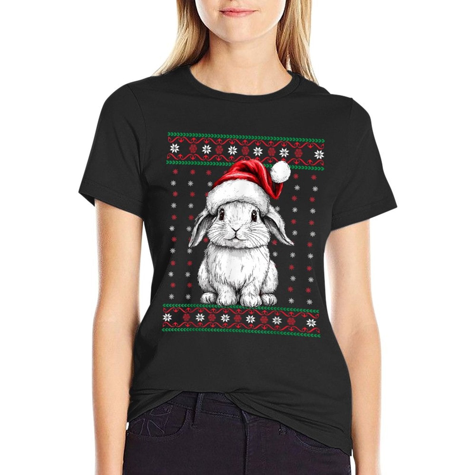 Ugly Christmas Sweater Rabbit Lover Santa Hat Funny Holiday  Eco-friendly Material T-Shirt