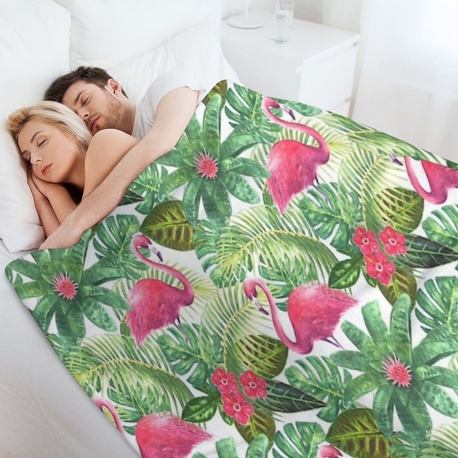 Tropical Exotic Seamless Pattern with Pink Flamingos on White Background Premium Throw Blanket
