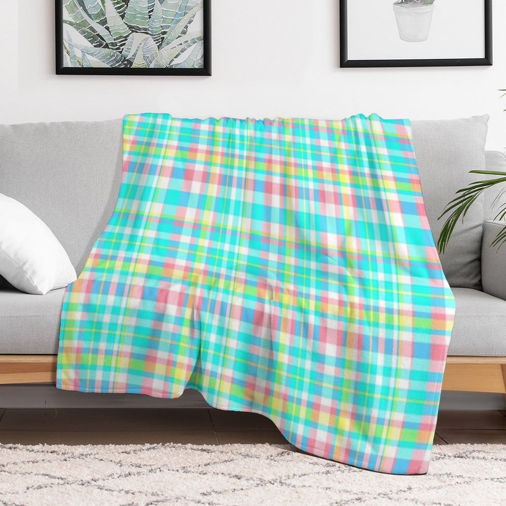Pastel Aqua Blue Pink Yellow Plaid Spring Preppy Travel-friendly Throw Blanket