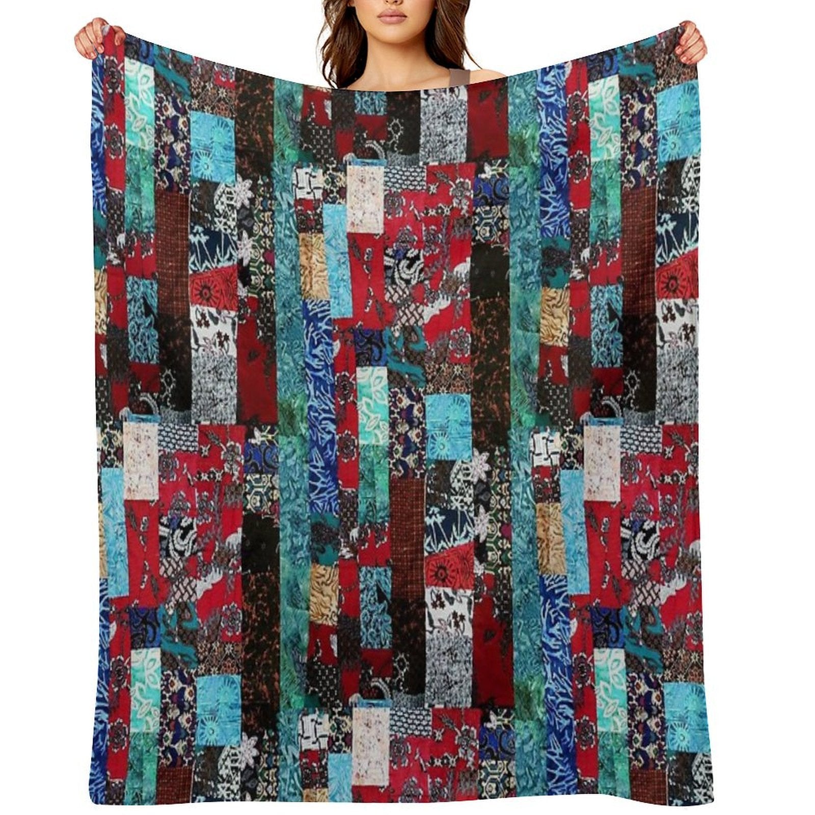 Indonesian Batik Patchwork Red Blue Tone Eco-conscious Throw Blanket