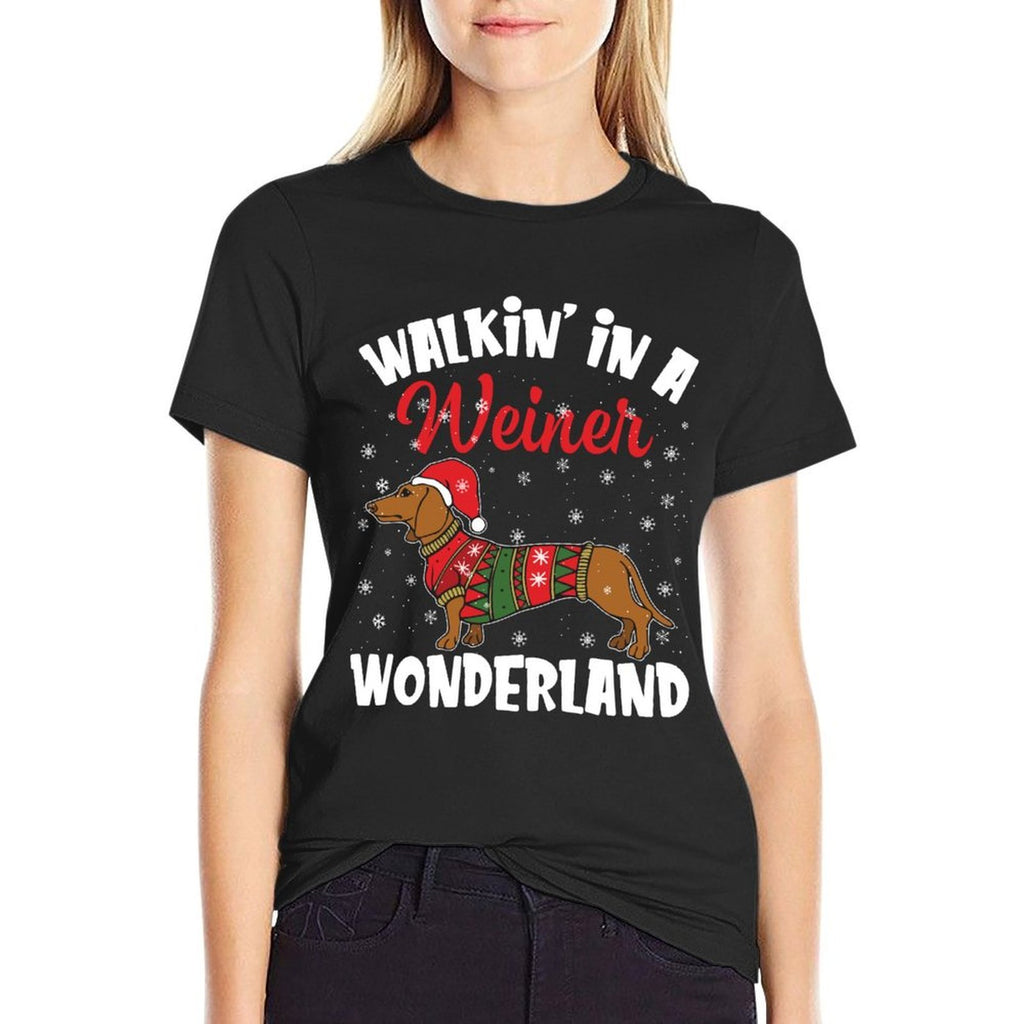 Walking In A Wiener Wonderland Funny Dachshund Christmas  High-quality Stitching T-Shirt
