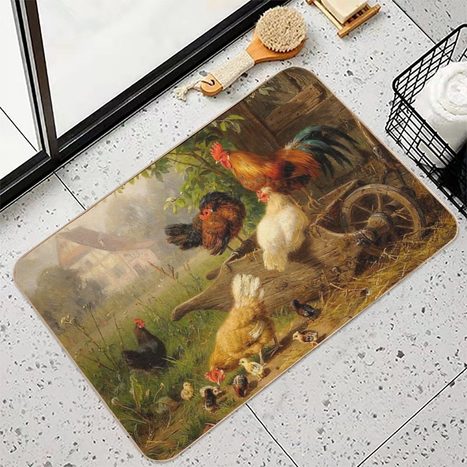 A Watchful Eye ,Rooster,Hens And Chickens With Wheelbarrow in Countryside  Stain-Proof Bath Mat