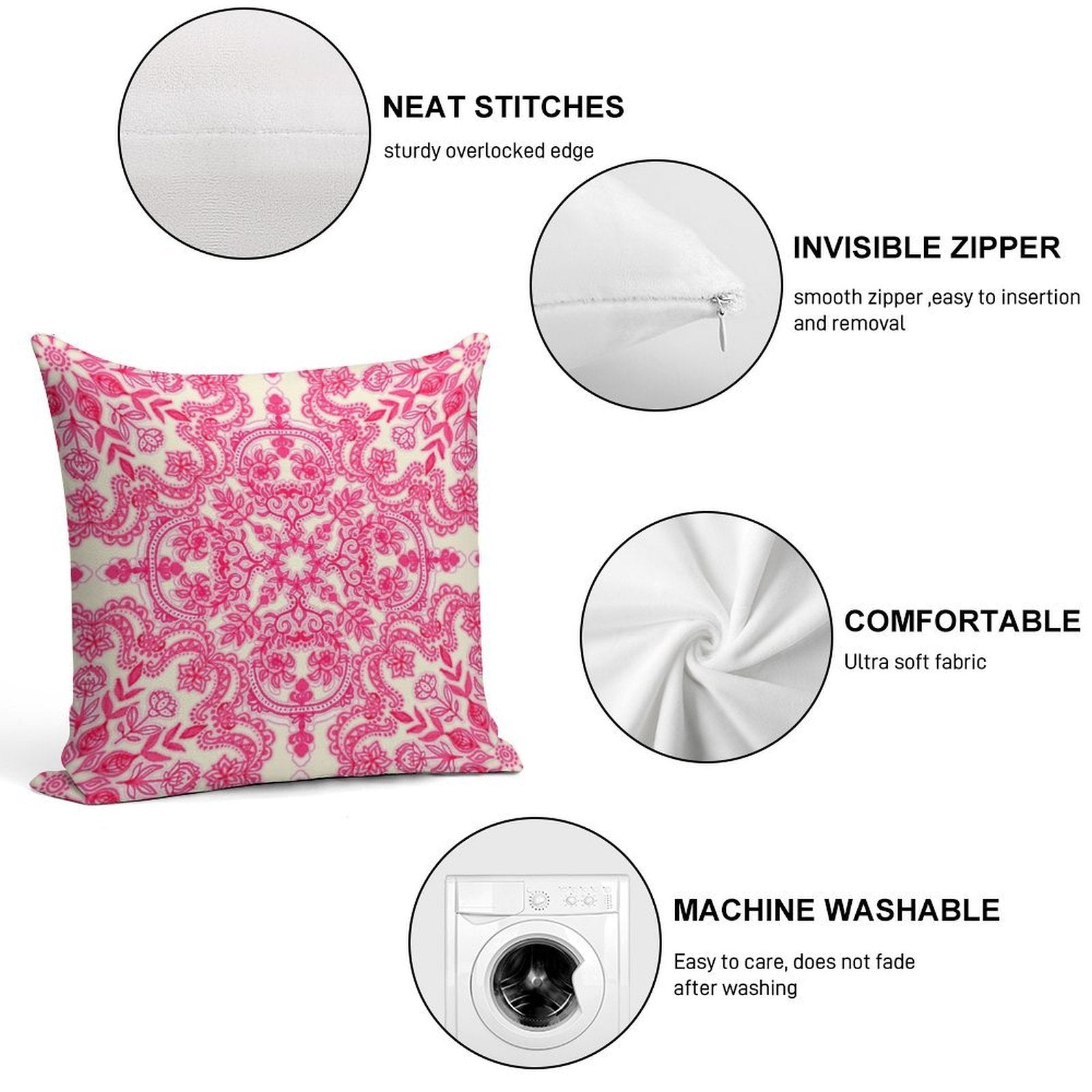 Hot Pink & Soft Cream Folk Art Pattern Soft Warmth Comfort Throw Pillow
