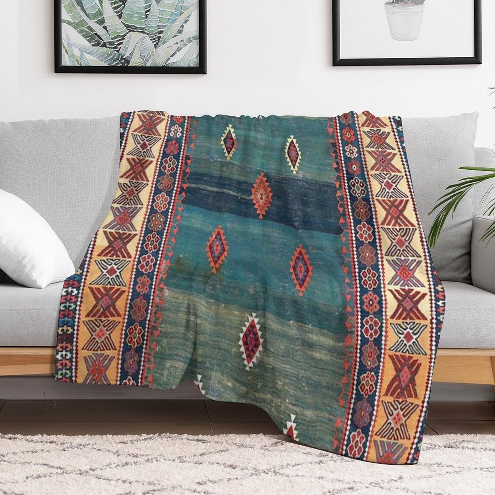 Sivas Antique Turkish Niche Kilim Print Multi-functional Throw Blanket