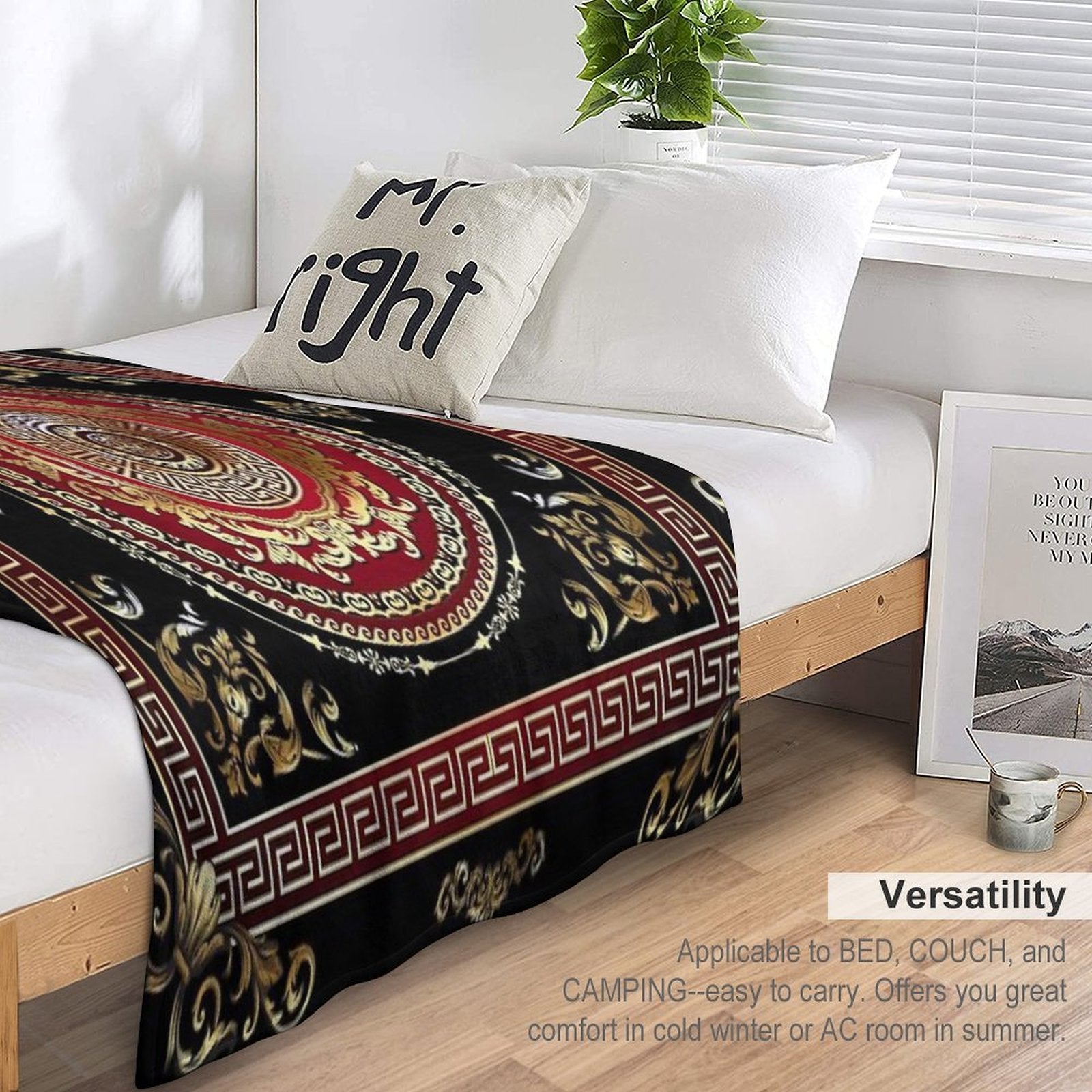 Greek Key Meander Black Gold Red Medallion Baroque Multi-functional Throw Blanket