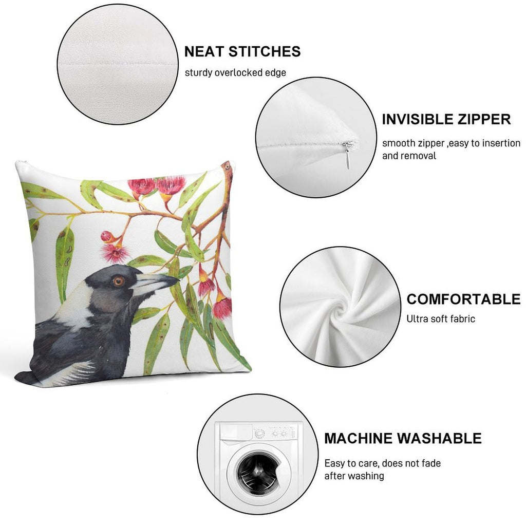 Australian Magpie And Eucalyptus Blossoms Watercolour Painting Soft High-Density Material Throw Pillow