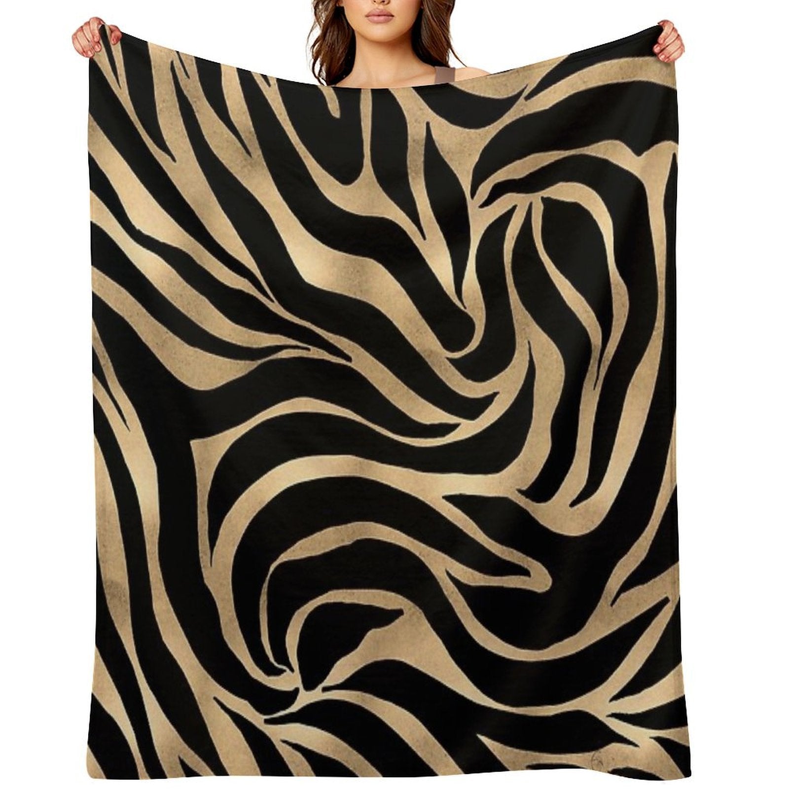 Elegant Metallic Gold Zebra Black Animal Print Lightweight Throw Blanket