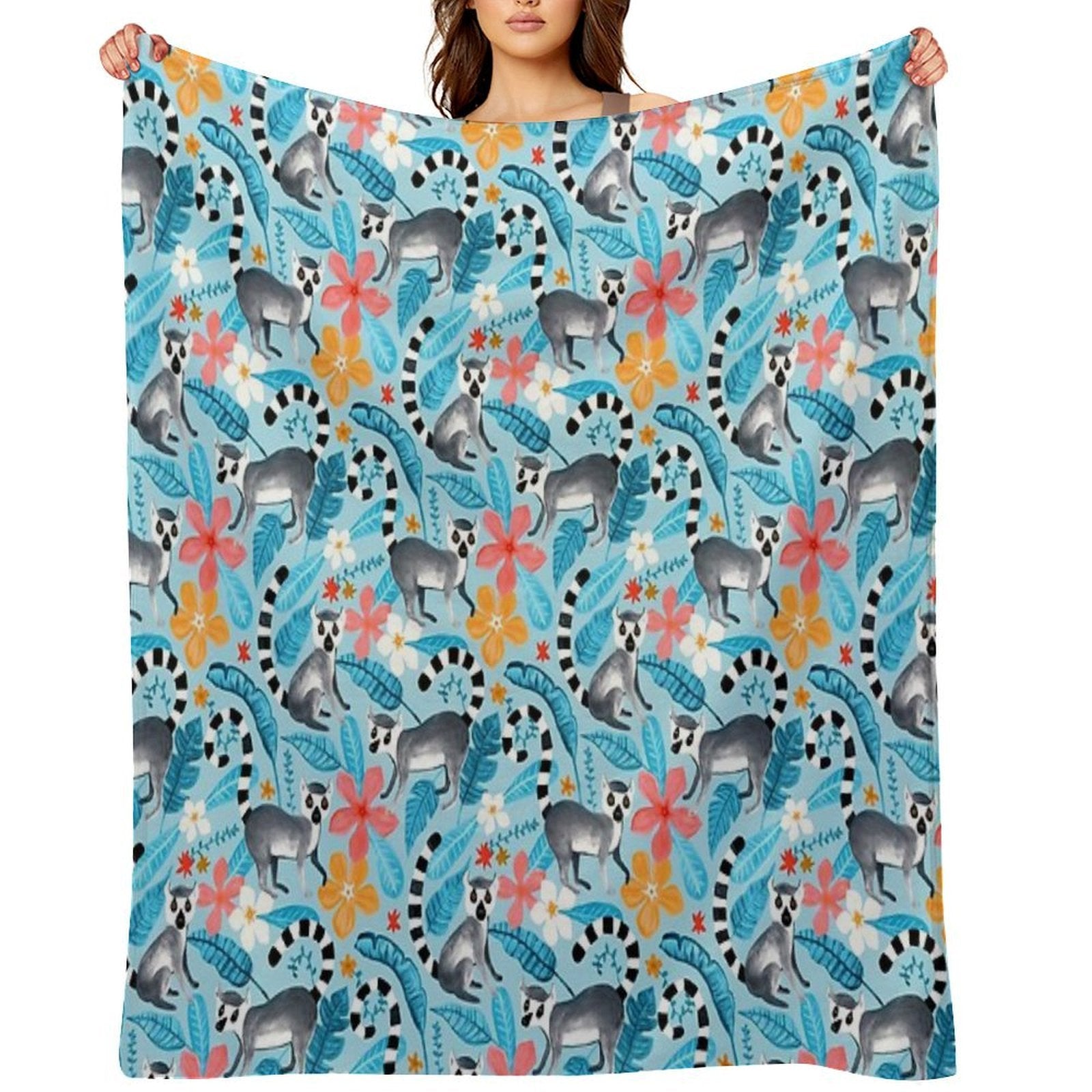 Gouache Lemur Land on Blue All-season Throw Blanket