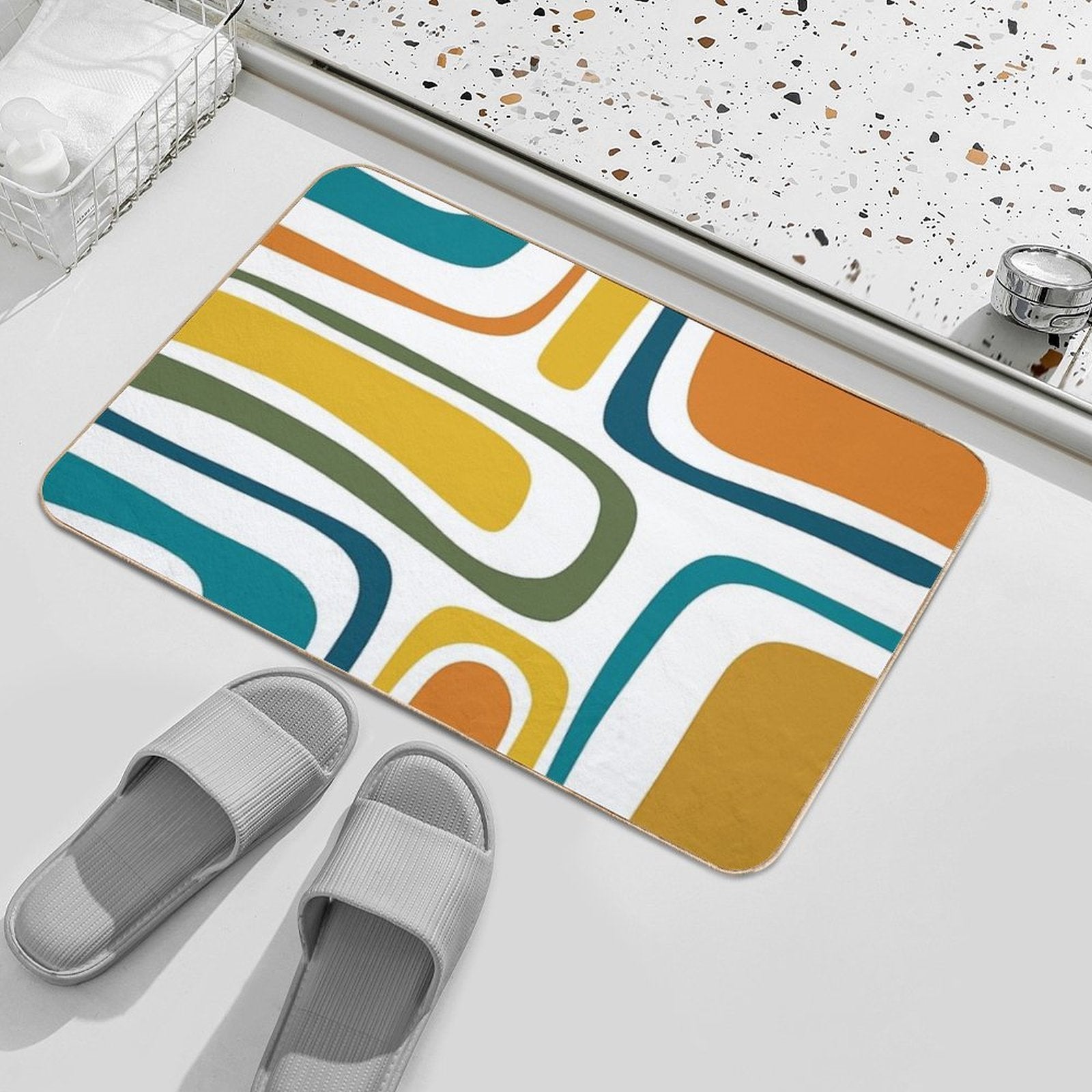 Palm Springs Retro Midcentury Modern Abstract Pattern in Moroccan Teal, Mustard, Orange, Olive And White  Easy To Clean Bath Mat