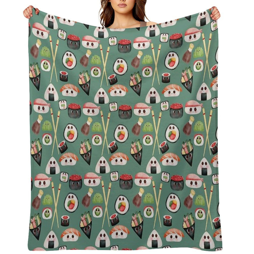 Kawaii Sushi Squad – Cute Japanese Food Illustration Plush Throw Blanket