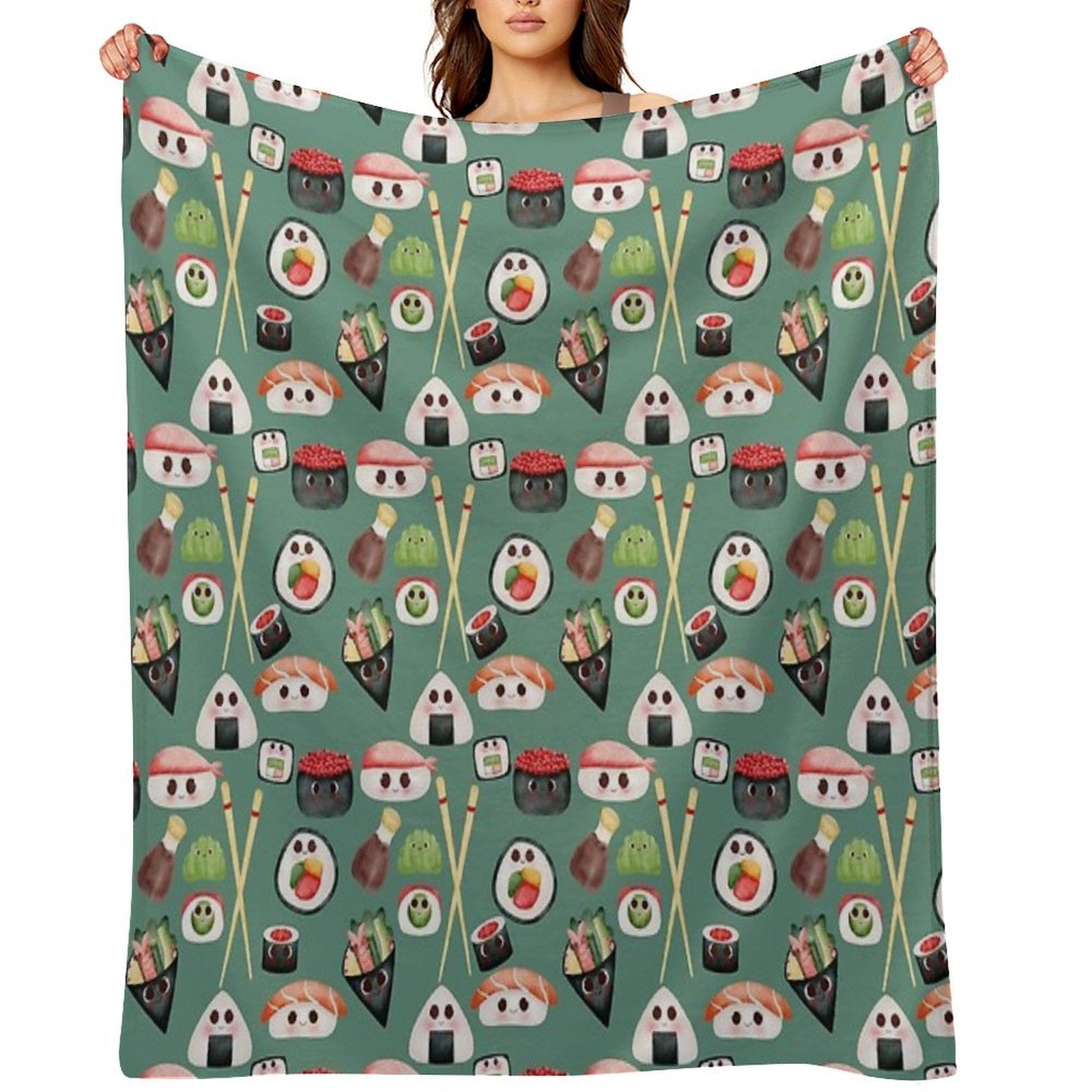 Kawaii Sushi Squad – Cute Japanese Food Illustration Plush Throw Blanket