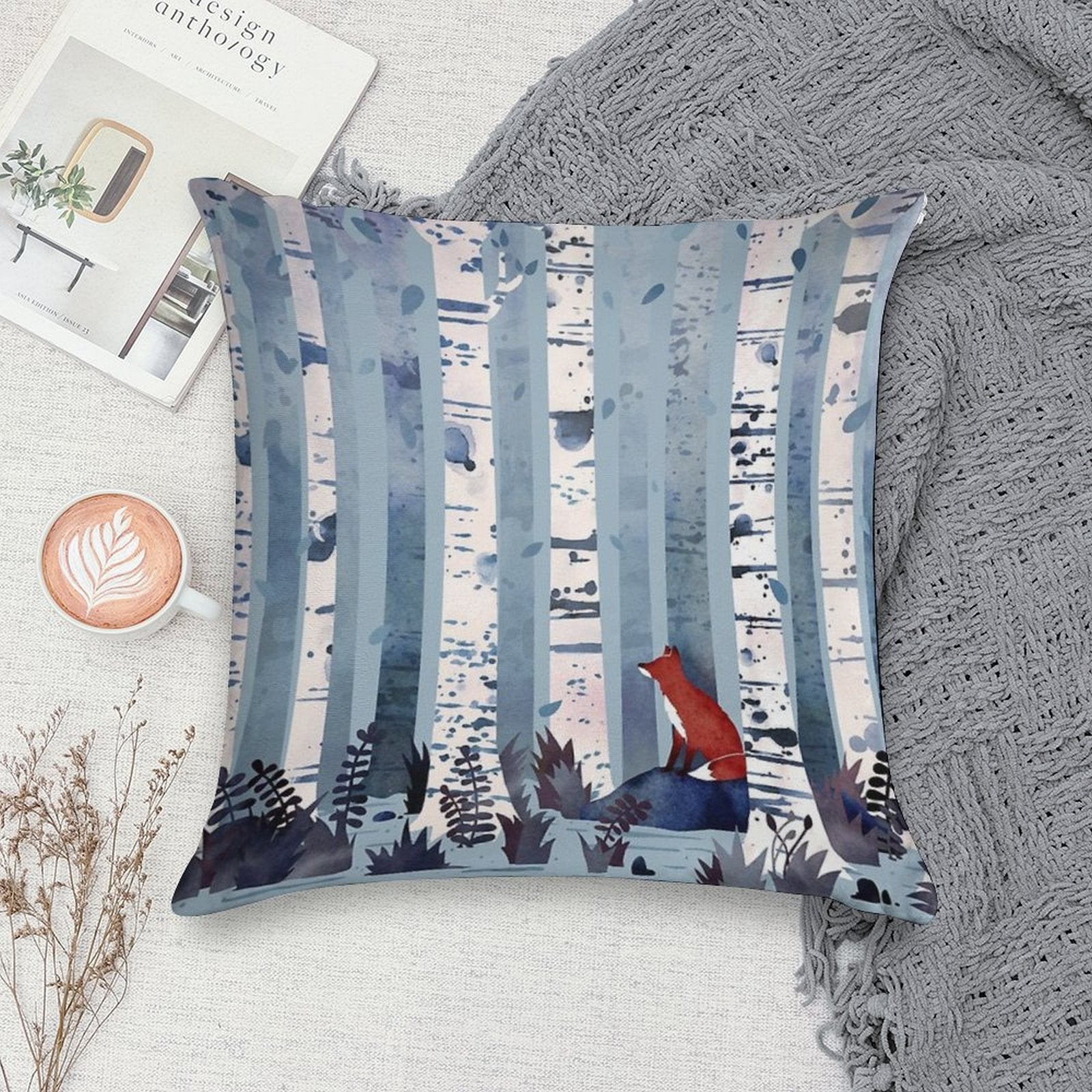 The Birches (in Blue) Soft Durable Construction Throw Pillow