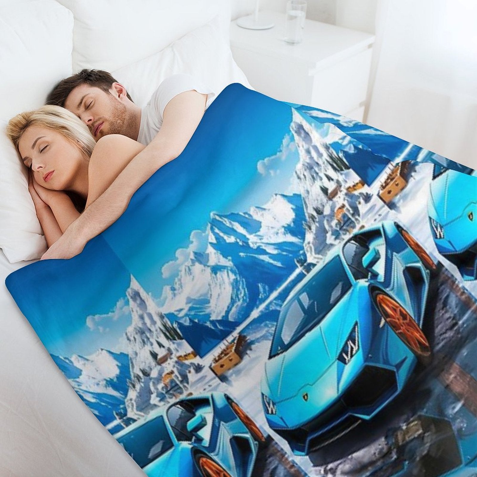 Blue Lamborghini Huracan, Icy Majesty Supercar, Sports Car On Snowy Alpine Backdrop, High Octane Wall Art Machine-washable Throw Blanket