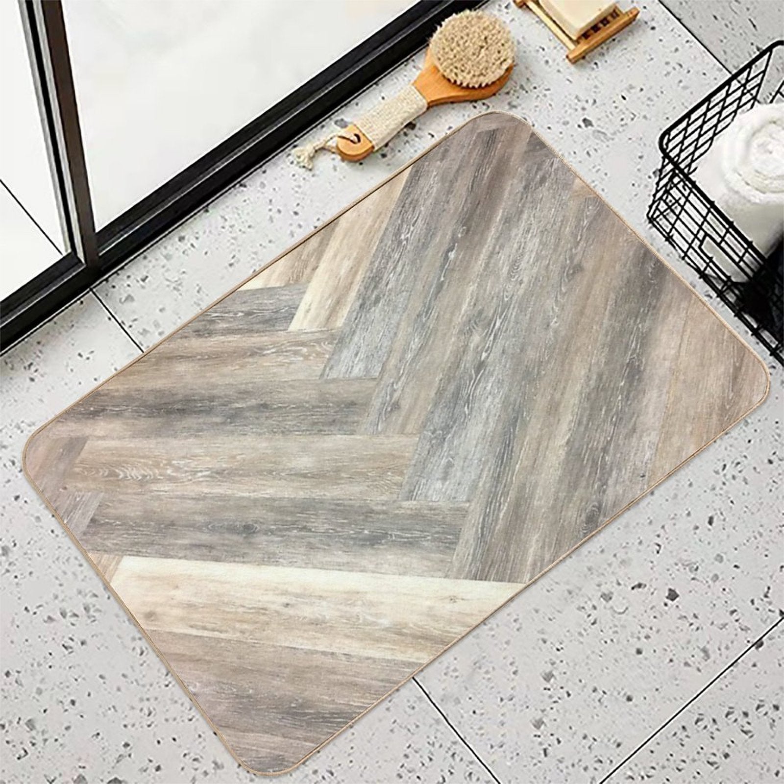 Contemporary Caramel Brown Grey Beige Farmhouse Barn Wood  Odorless Bath Mat