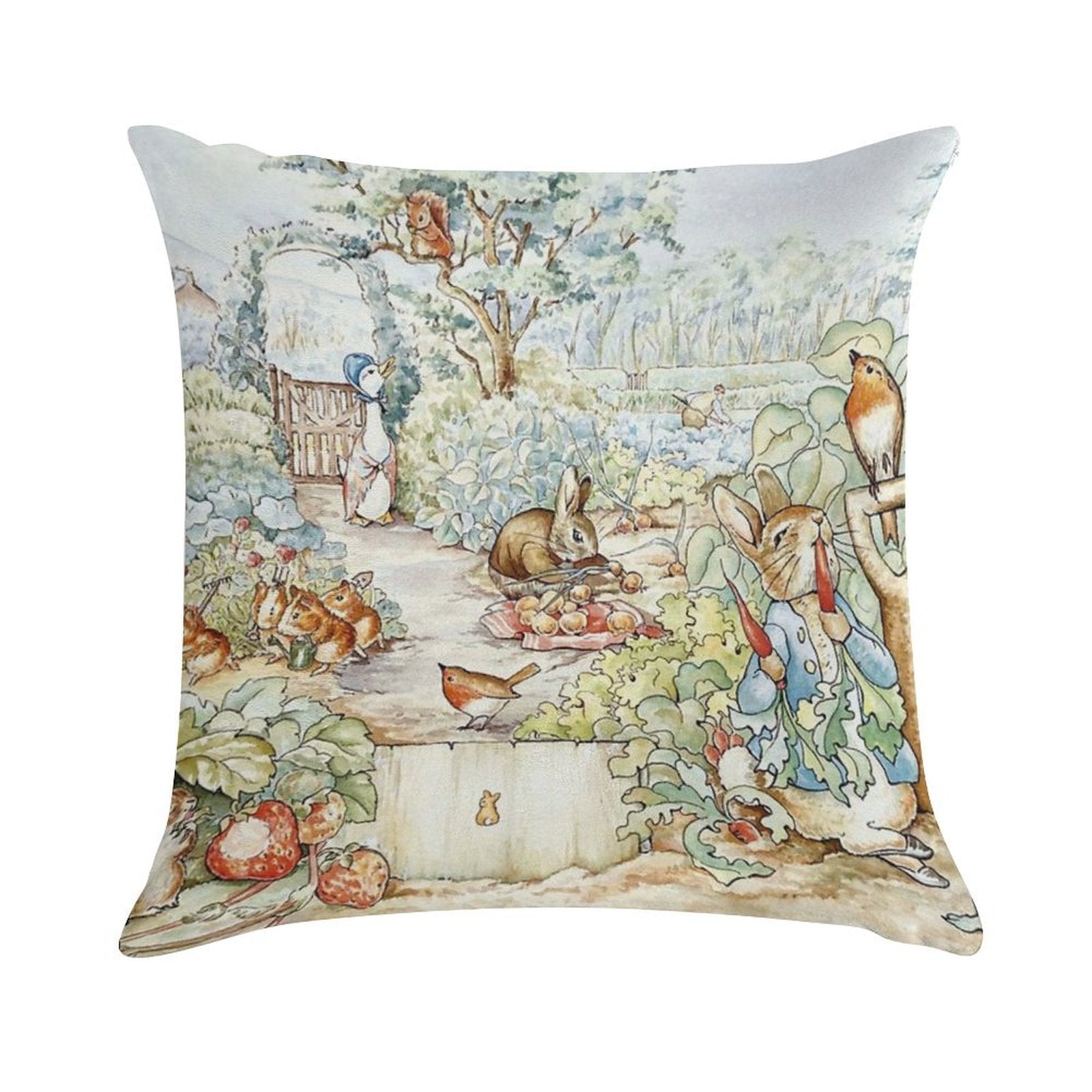 Beatrix Potter Storybook Characters in Garden Soft Easy Maintenance Throw Pillow
