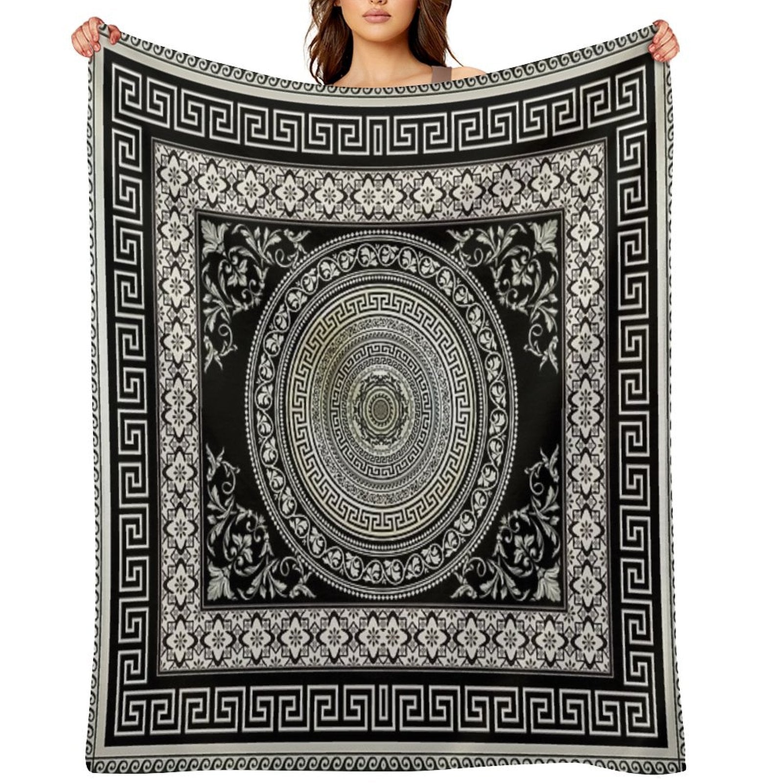 Greek Key Meander Black Cream Ornate Medallion All-season Throw Blanket