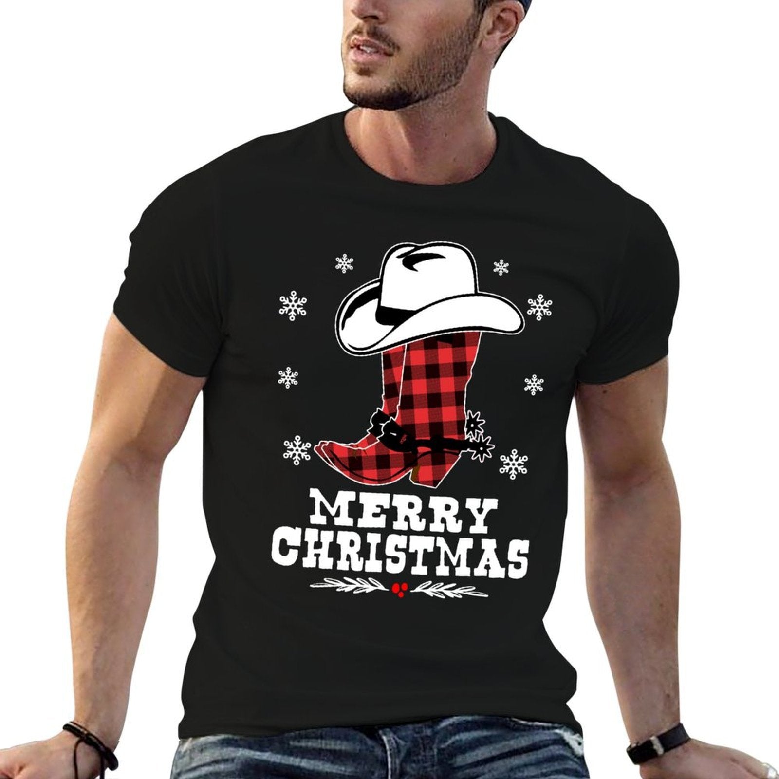 Merry Christmas Cowboy Boots Red Buffalo Plaid Western  Stretchy T-Shirt