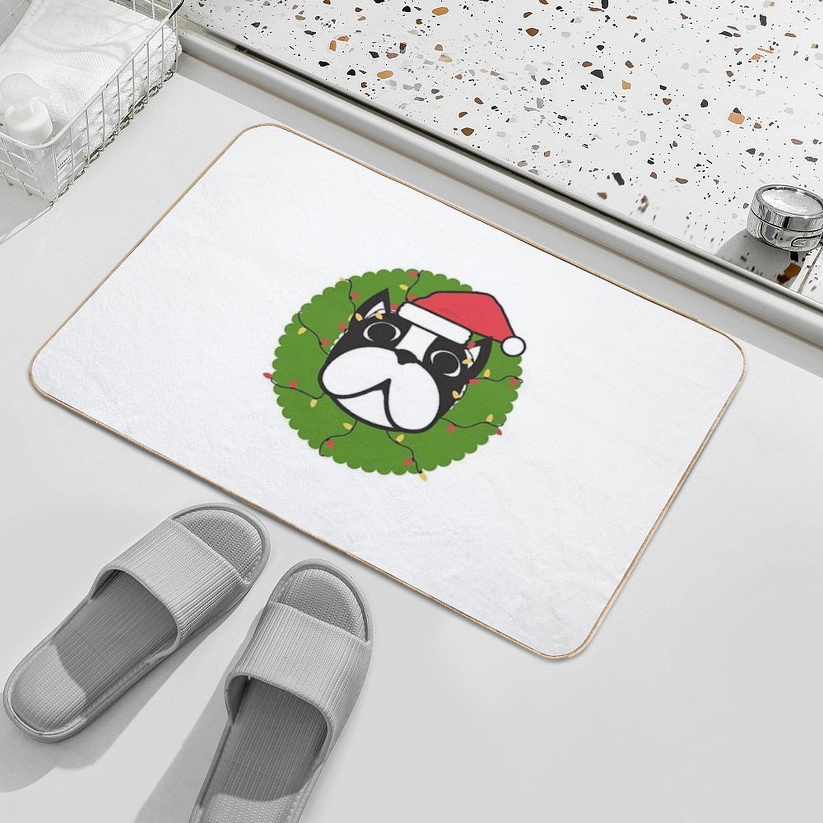 Cute Boston Terrier Merry Christmas Tree Funny Hello Winter Essential T-Shirt  Rapid-Drying Bath Mat