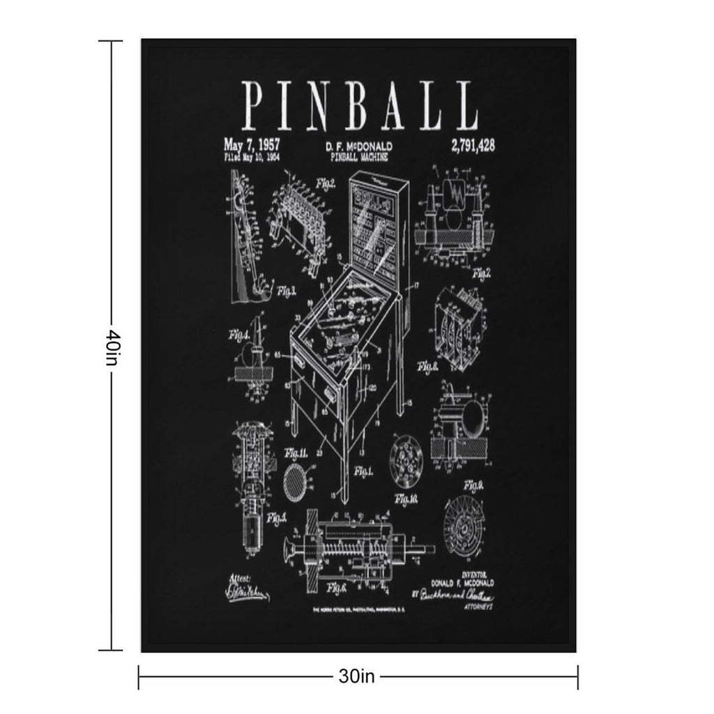 Pinball Arcade Gaming Machine Vintage Gamer Patent Print Plush Throw Blanket