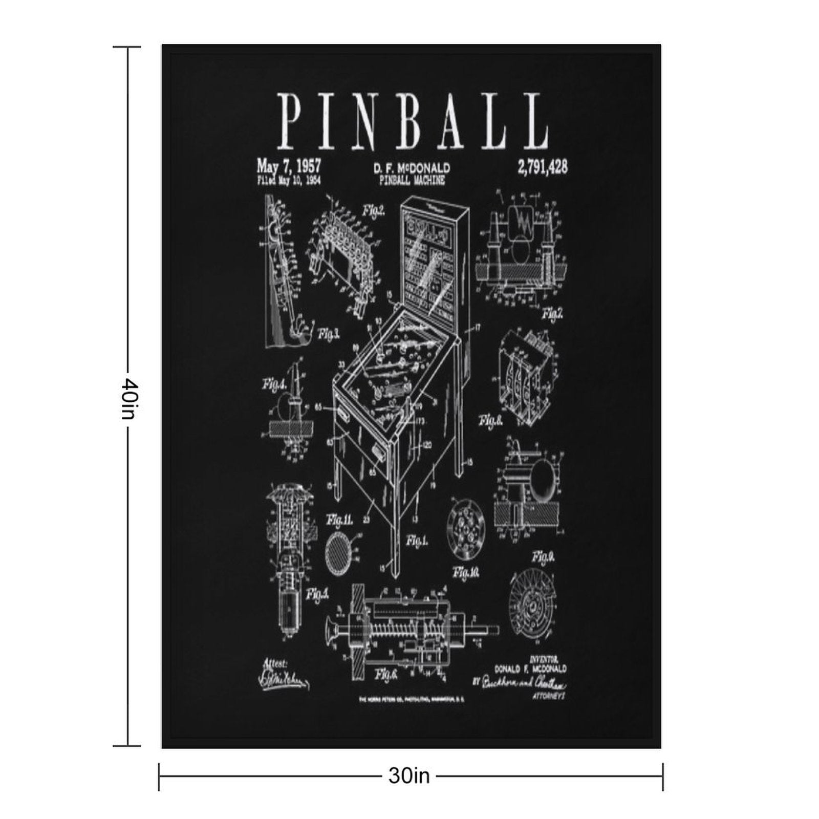Pinball Arcade Gaming Machine Vintage Gamer Patent Print Plush Throw Blanket