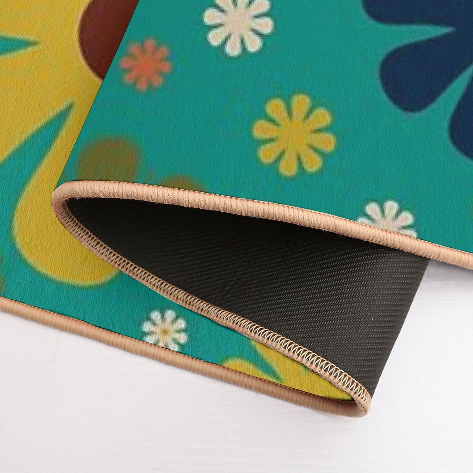 Flowerama - Retro 60s Floral Pattern in Mid Mod Mustard, Olive, Orange, Beige, And Turquoise Teal  Fade-Resistant Bath Mat