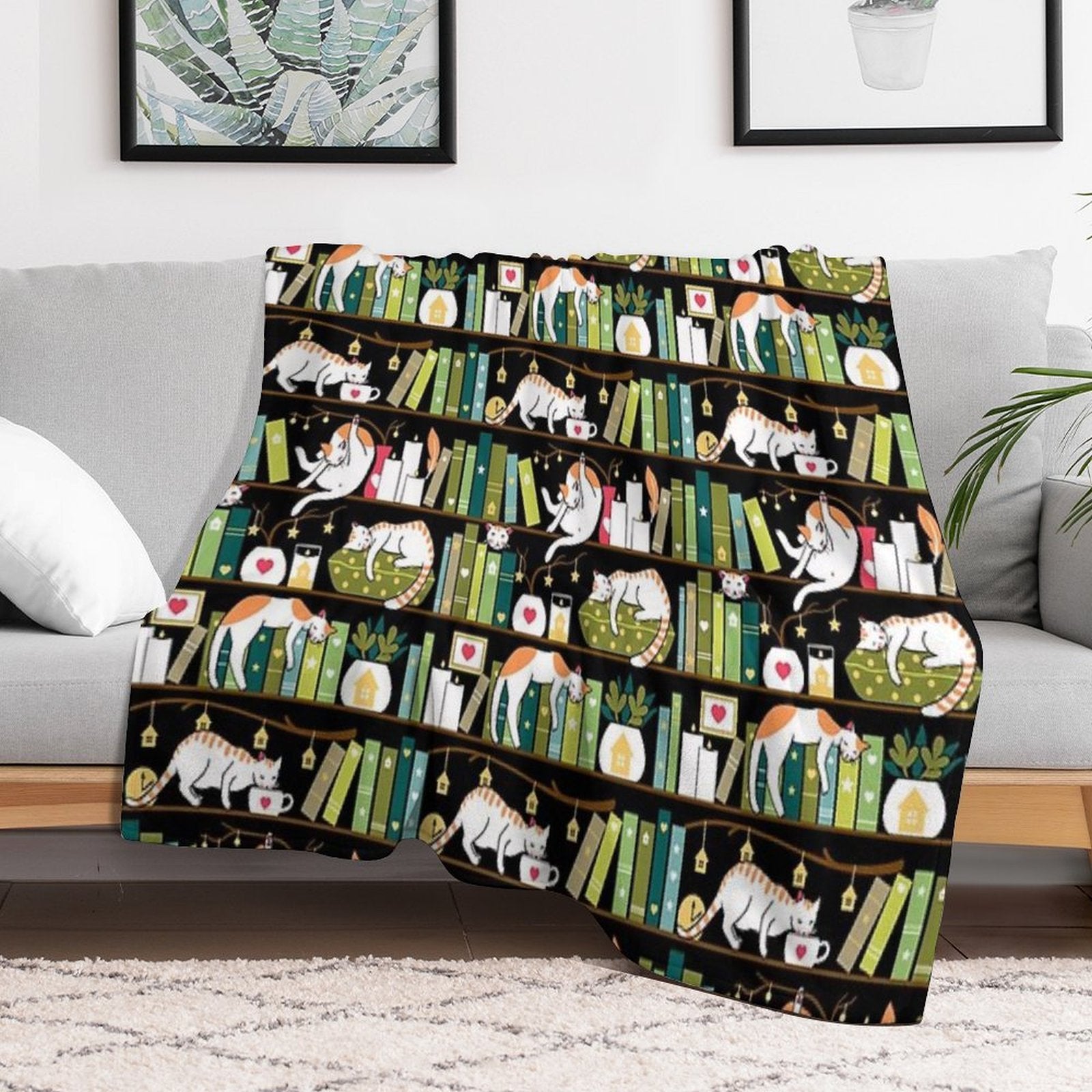 Library Cats - Whimsical Cats on The Book Shelves Gift-ready Throw Blanket