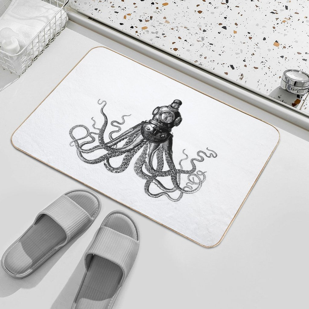 Octopus in Diving Helmet  Deep Sea Divers Helmet  Vintage Octopus  Tentacles  Anthropomorphic  Black And White  Dirt-Trapping Bath Mat