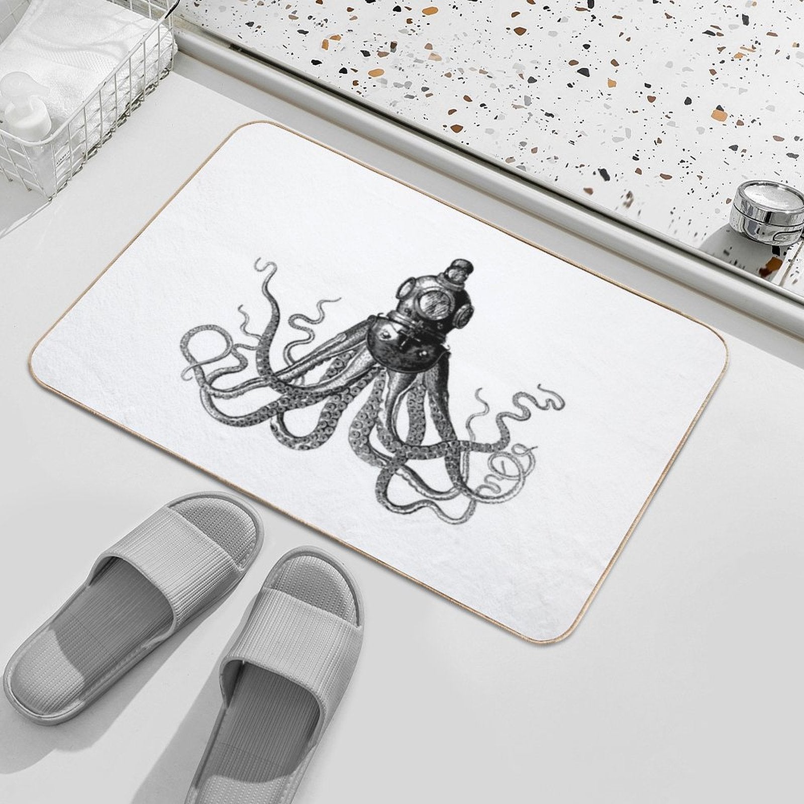 Octopus in Diving Helmet  Deep Sea Divers Helmet  Vintage Octopus  Tentacles  Anthropomorphic  Black And White  Dirt-Trapping Bath Mat