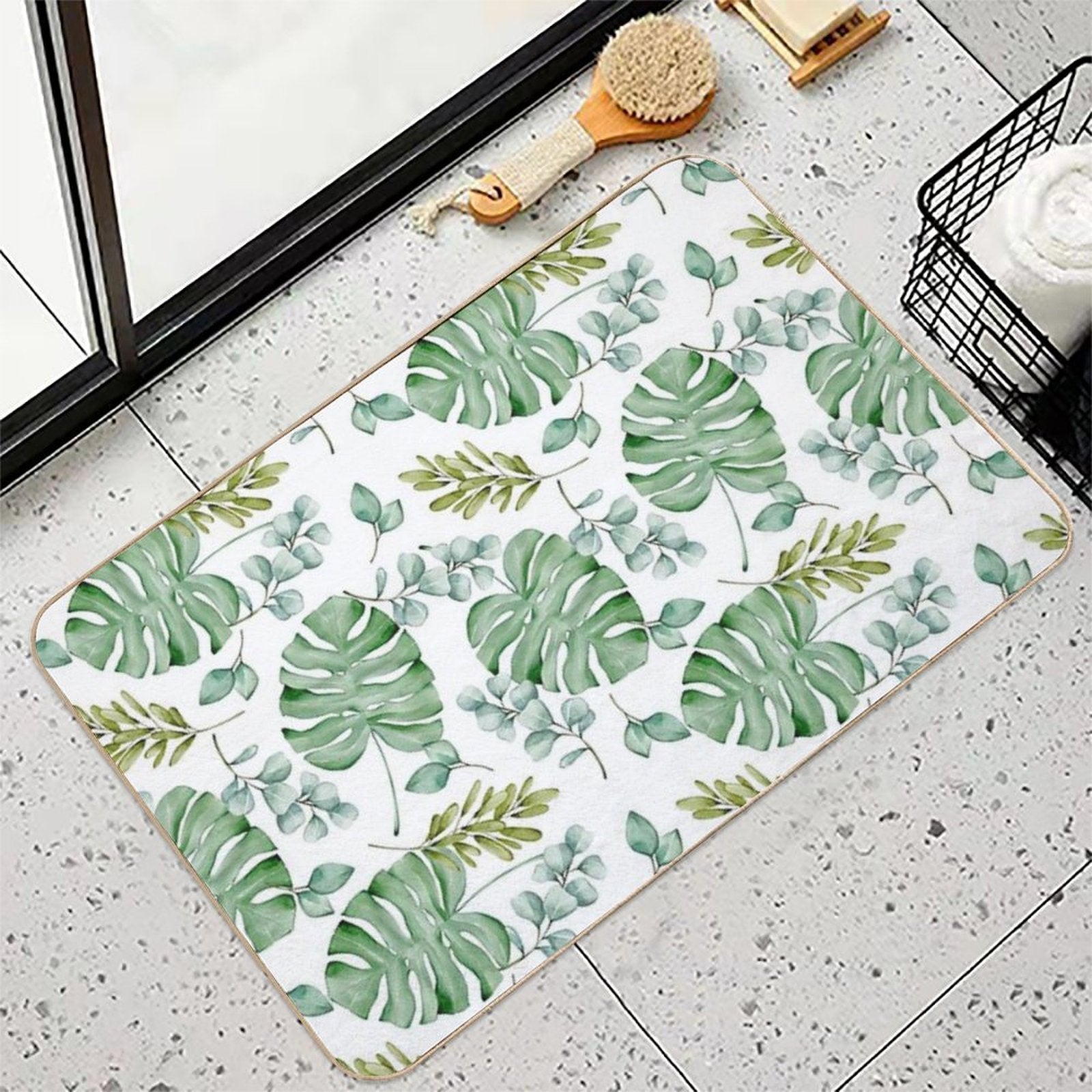 Monstera Leaves Green Seamless  Toxin-Free Bath Mat