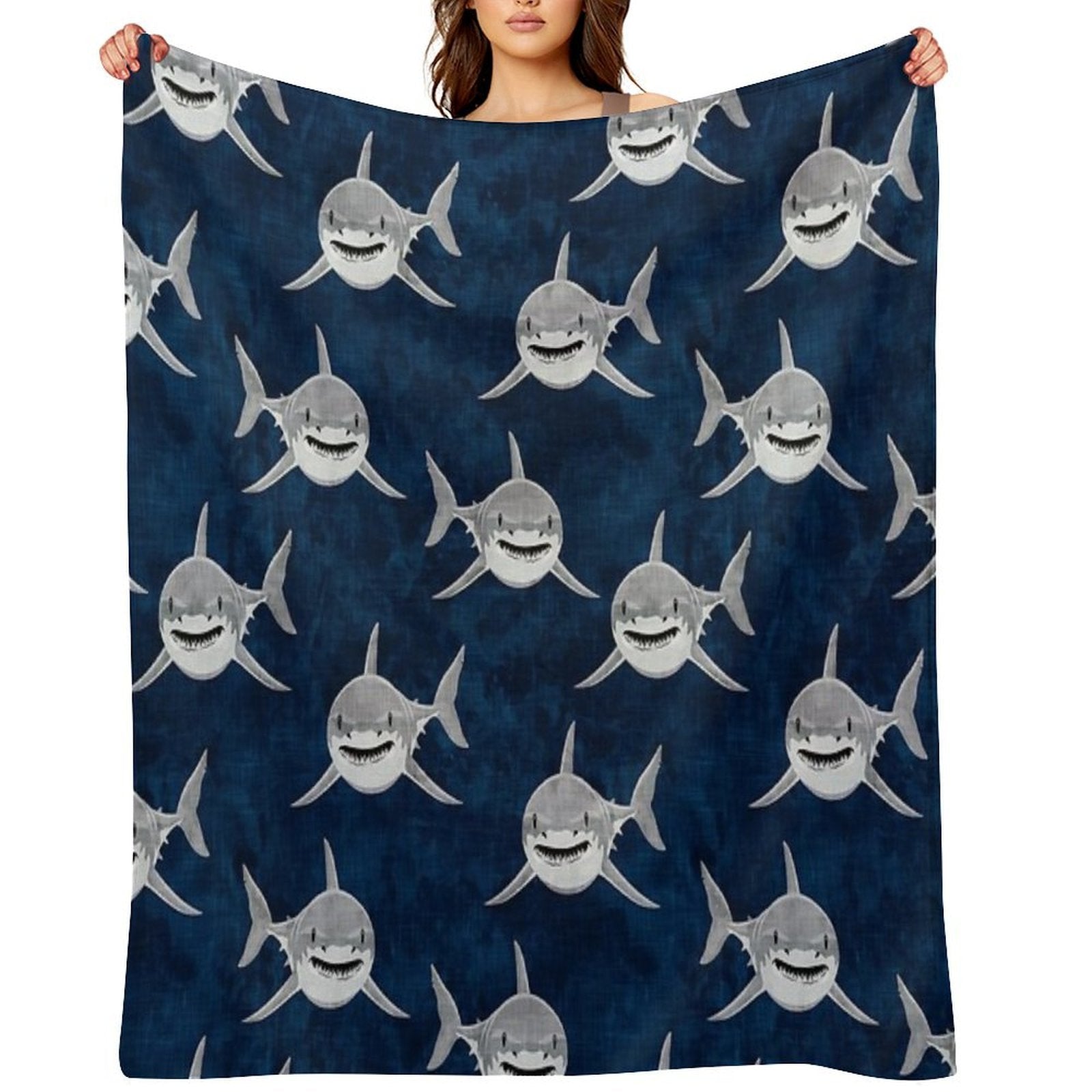 Sharks! - Dark Blue Sustainable Throw Blanket
