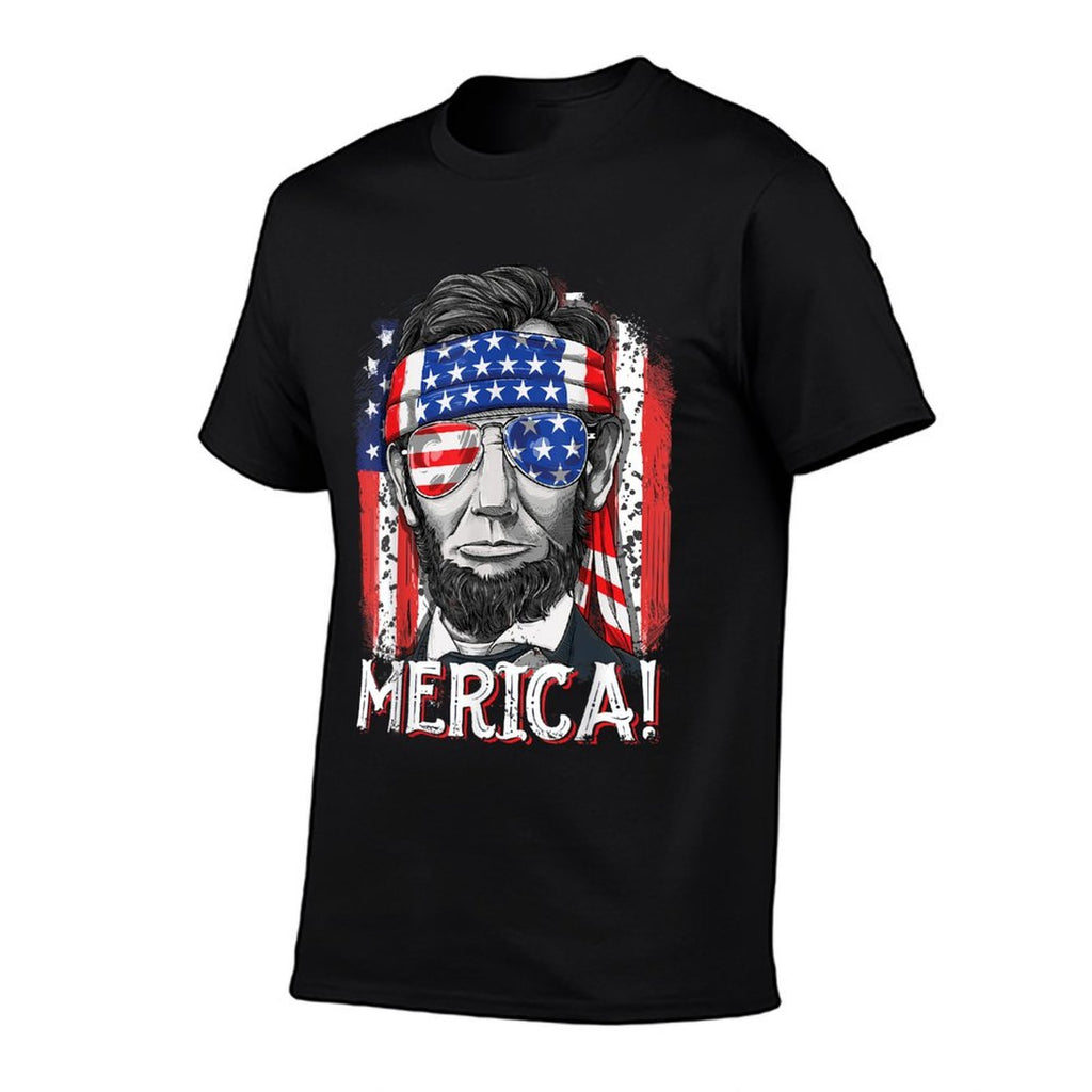 Lincoln 4th Of July Merica Abe Boys Men Women American Flag  Rolled Sleeves T-Shirt