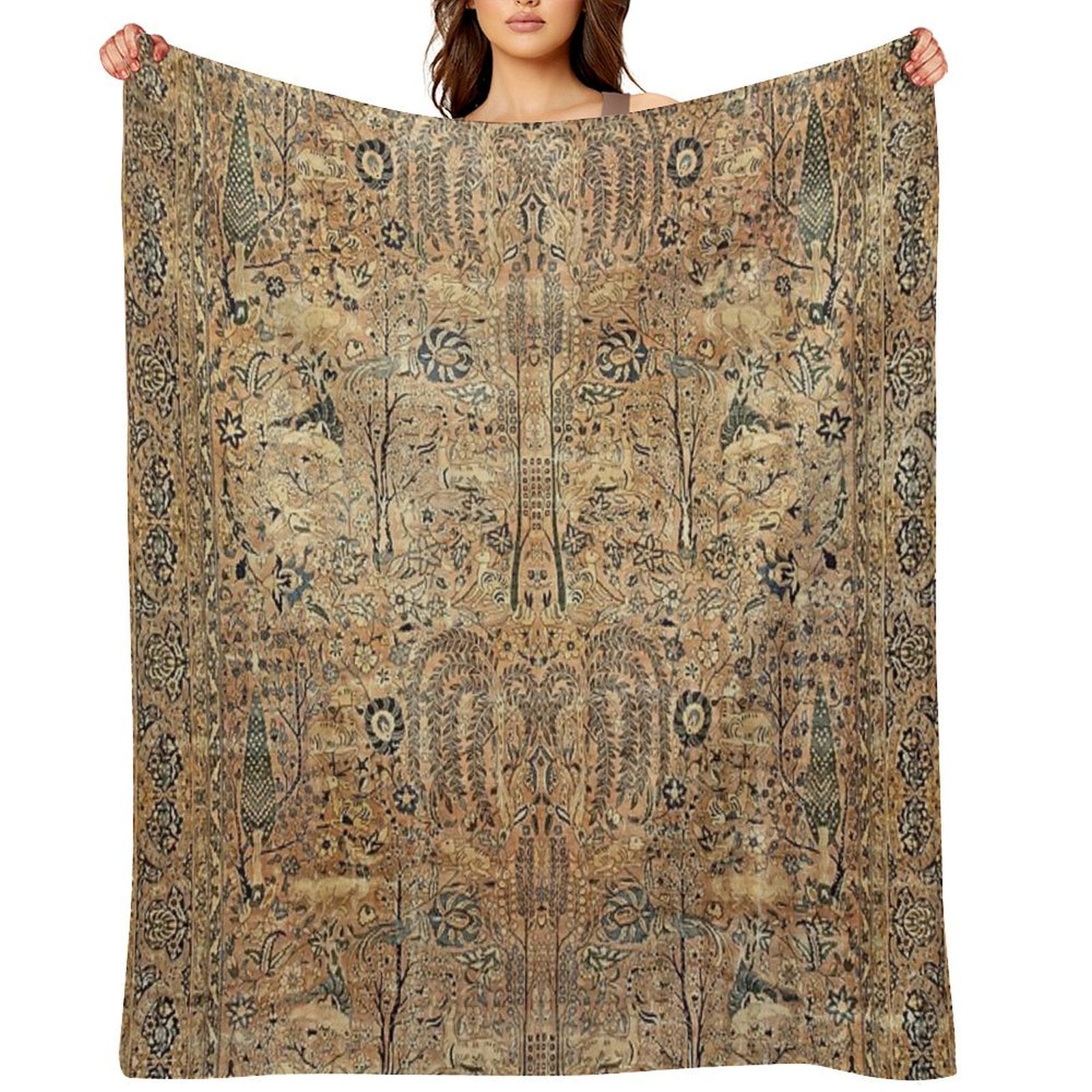 Antique Persian Kirman Garden Rug with Animals Print Durable Throw Blanket