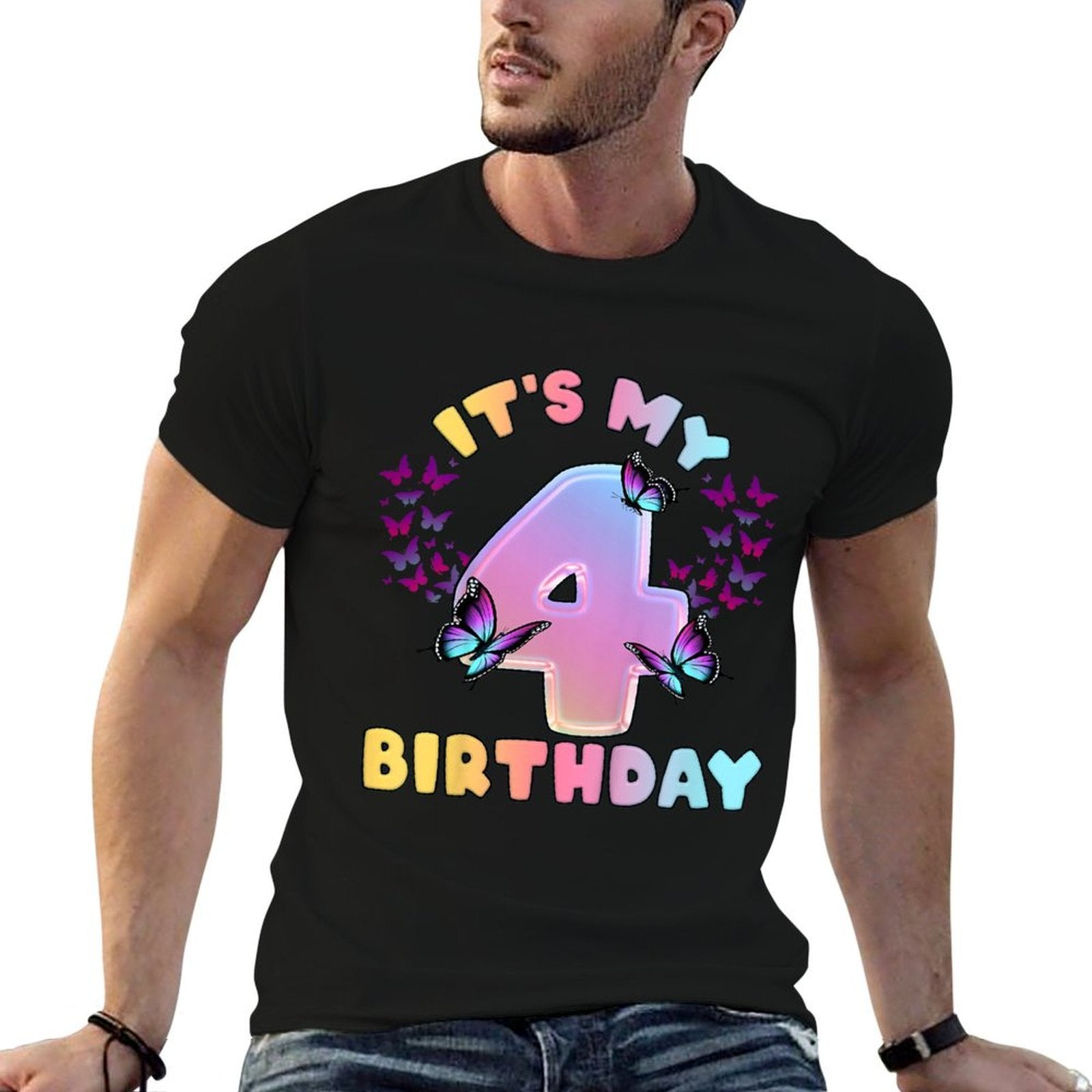 Kids Birthday Girl 4 Year Old, Butterflies, It&#39;s My 4th Birthday  Tagless Design T-Shirt