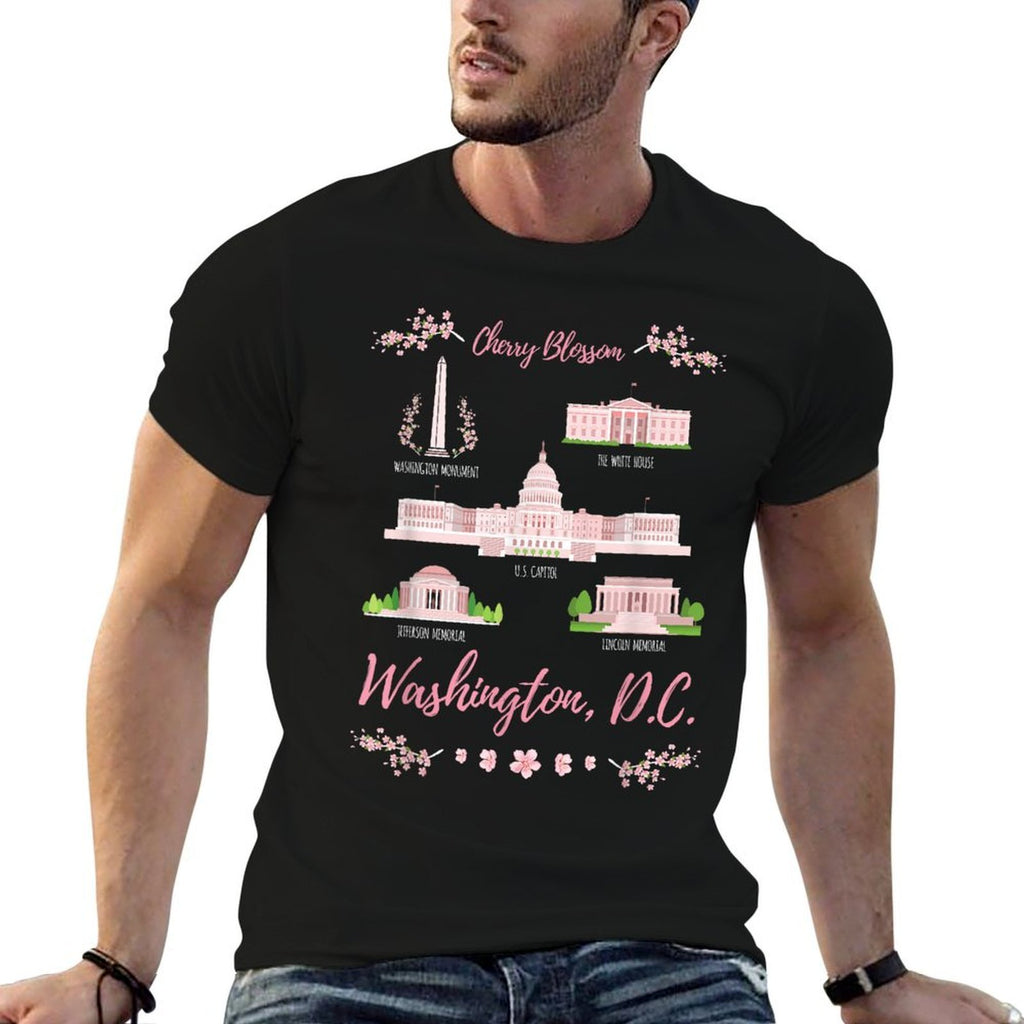 Washington DC Cherry Blossom Monument  Ribbed Collar T-Shirt