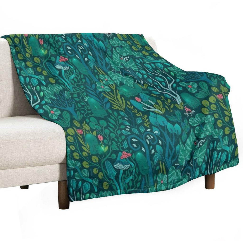 Emerald Forest Keepers. Fairy Woodland Creatures. Tree, Plants And Mushrooms Shrink-resistant Throw Blanket