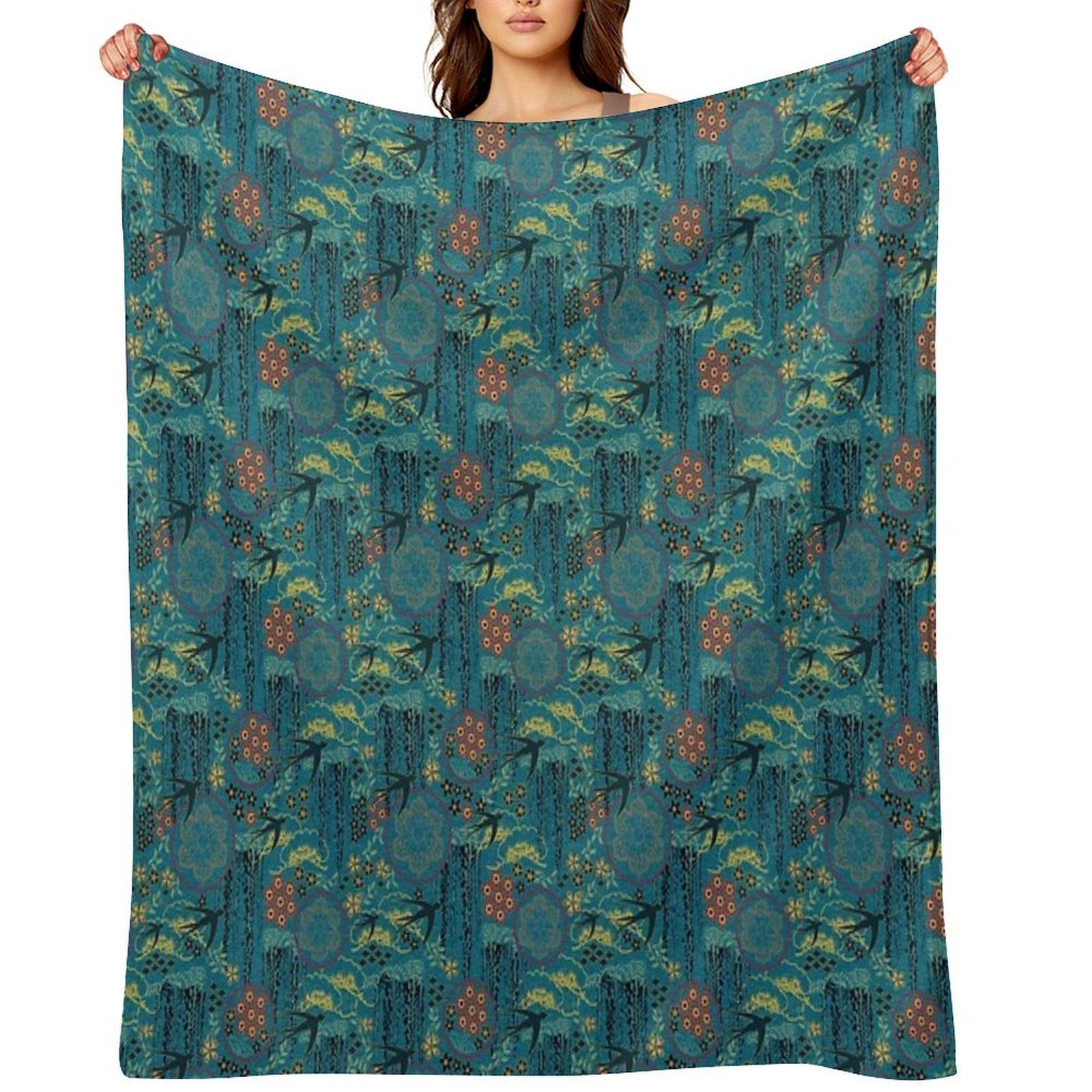 Japanese Garden in Teal Gold Red And Black Gift-ready Throw Blanket