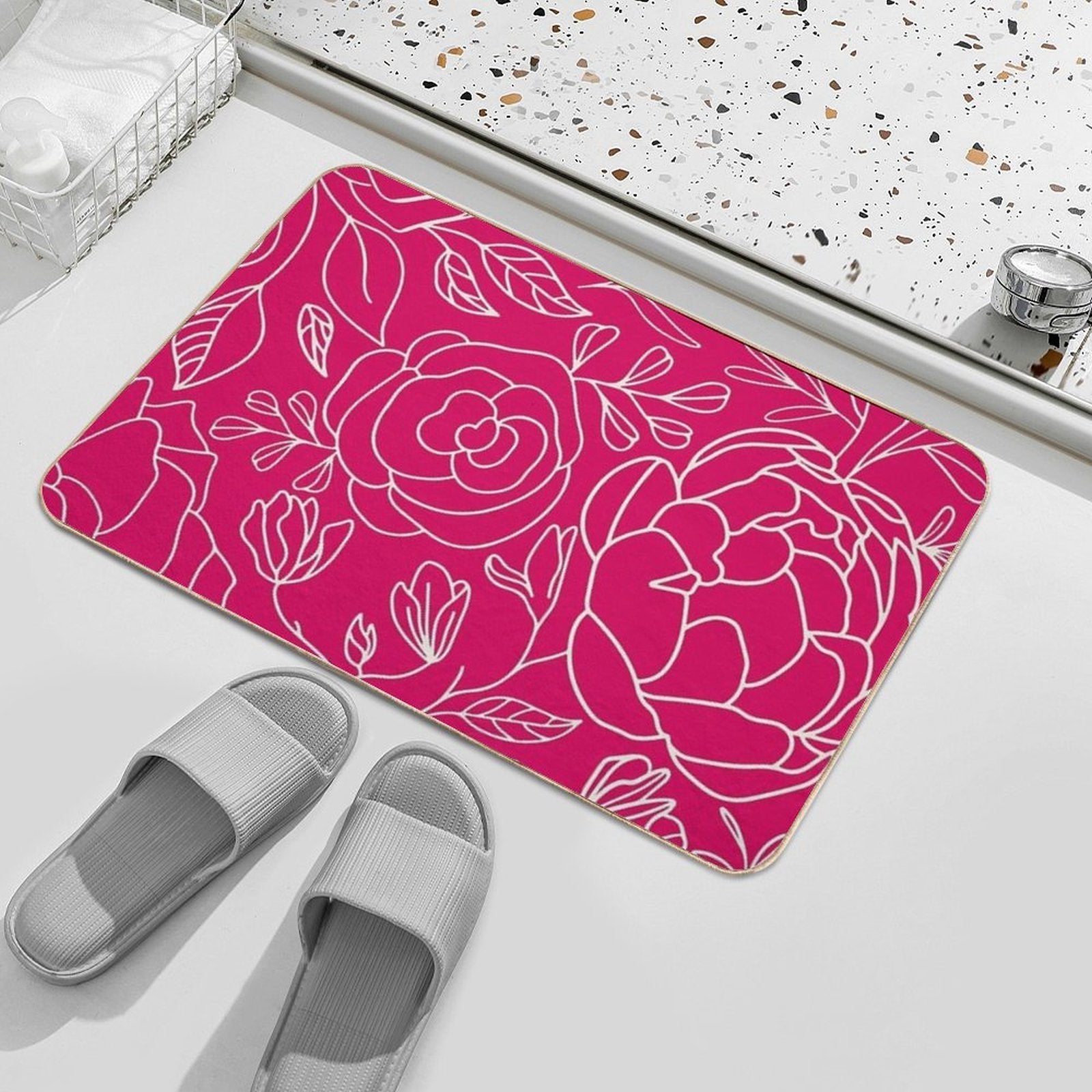 Elegant Floral Outline Pattern Red Background  Dirt-Trapping Bath Mat