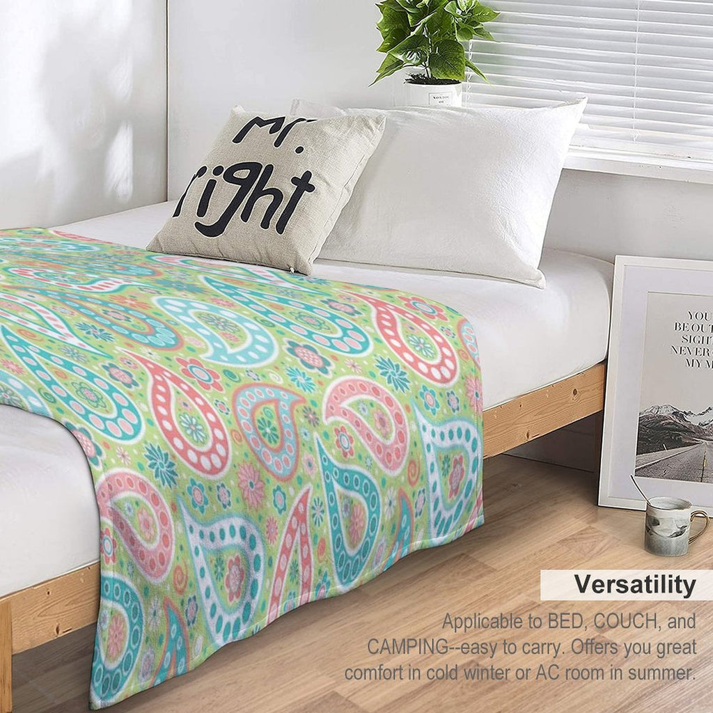 Paisley in Green, Turquoise Blue, Coral Pink And White Lightweight Throw Blanket